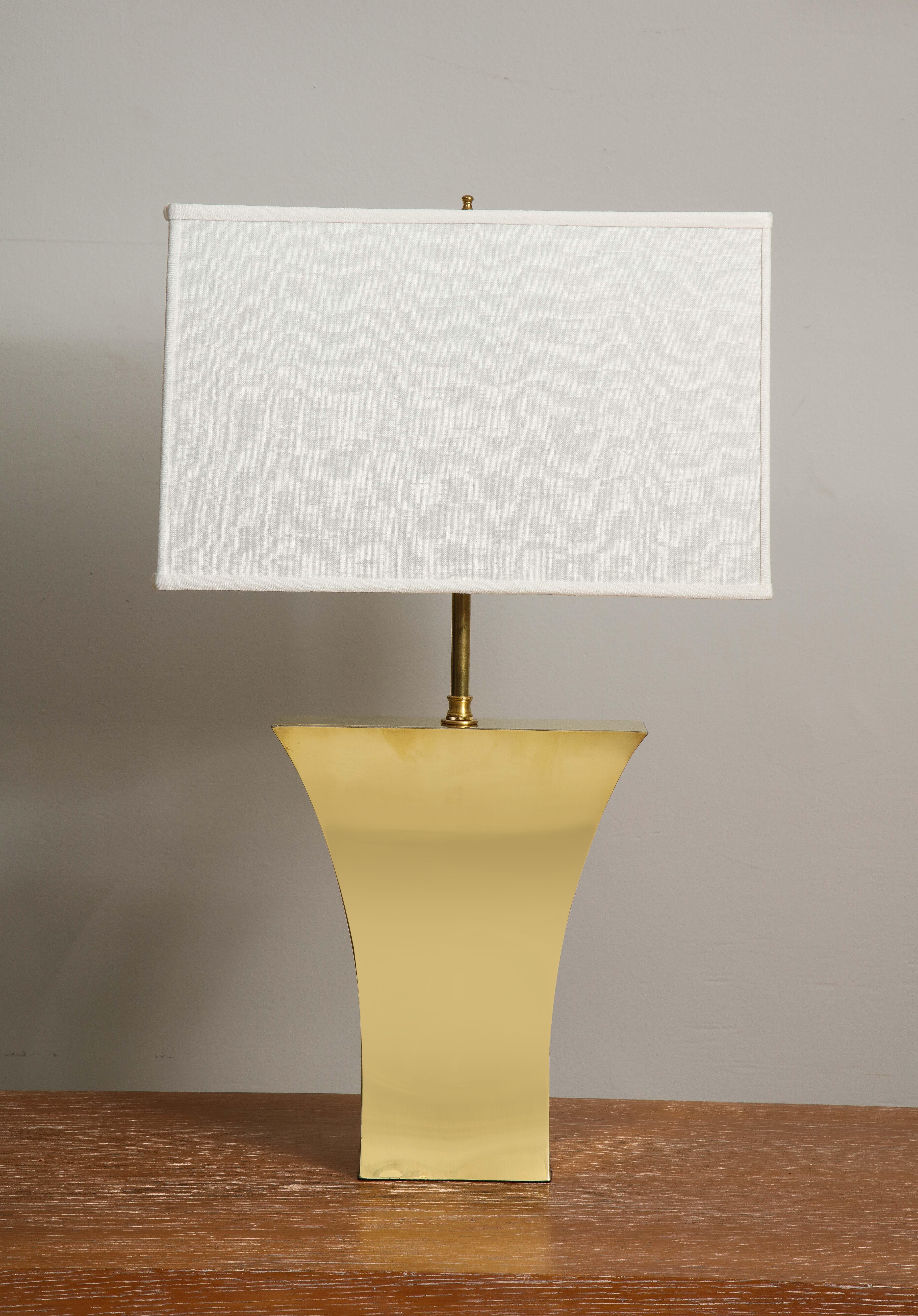 Modernist pair of brass table lamps.
Shades not included. 
Please note overall height is 26