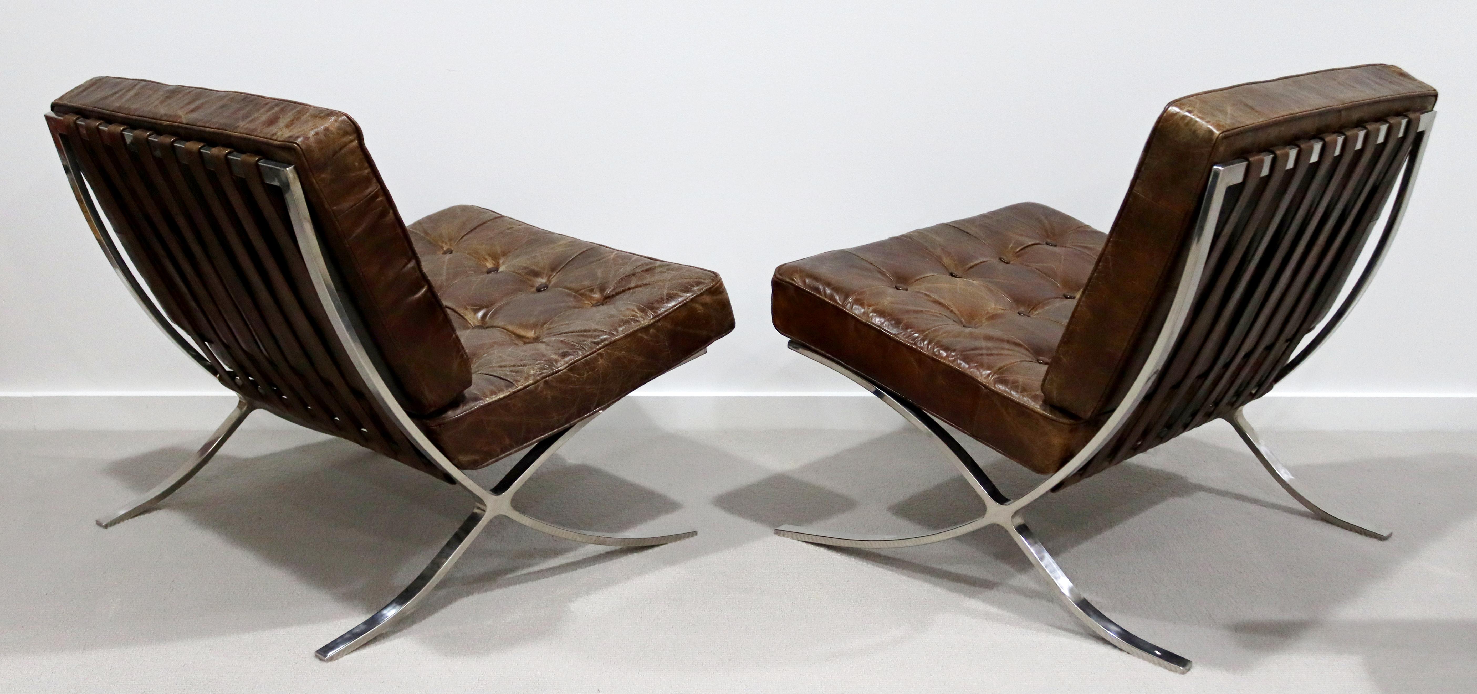 Late 20th Century Modernist Pair of Brown Leather Barcelona Style Chrome Lounge Chairs