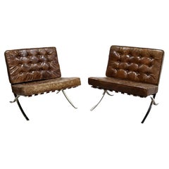 Modernist Pair of Brown Leather Barcelona Style Chrome Lounge Chairs