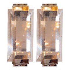 Modernist Pair of Faceted Translucent Glass & Polished Nickel Celestial Sconces
