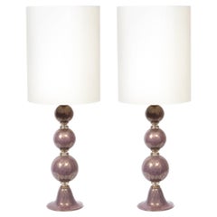 Modernist Pair of Hand Blown Murano Lavender Glass Table Lamps