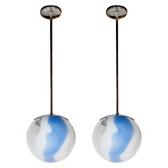 Modernist Pair of Handblown Murano Pendants with White & Royal Blue Swirl Detail