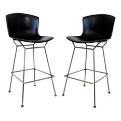 Modernist Pair of Harry Bertoia Knoll High Bar Stools Chrome Black Fiberglass