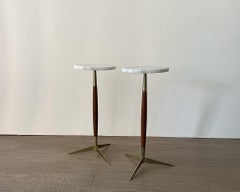 Modernist Pair of Marble Top Walnut and Brass Tripod Martini Tables