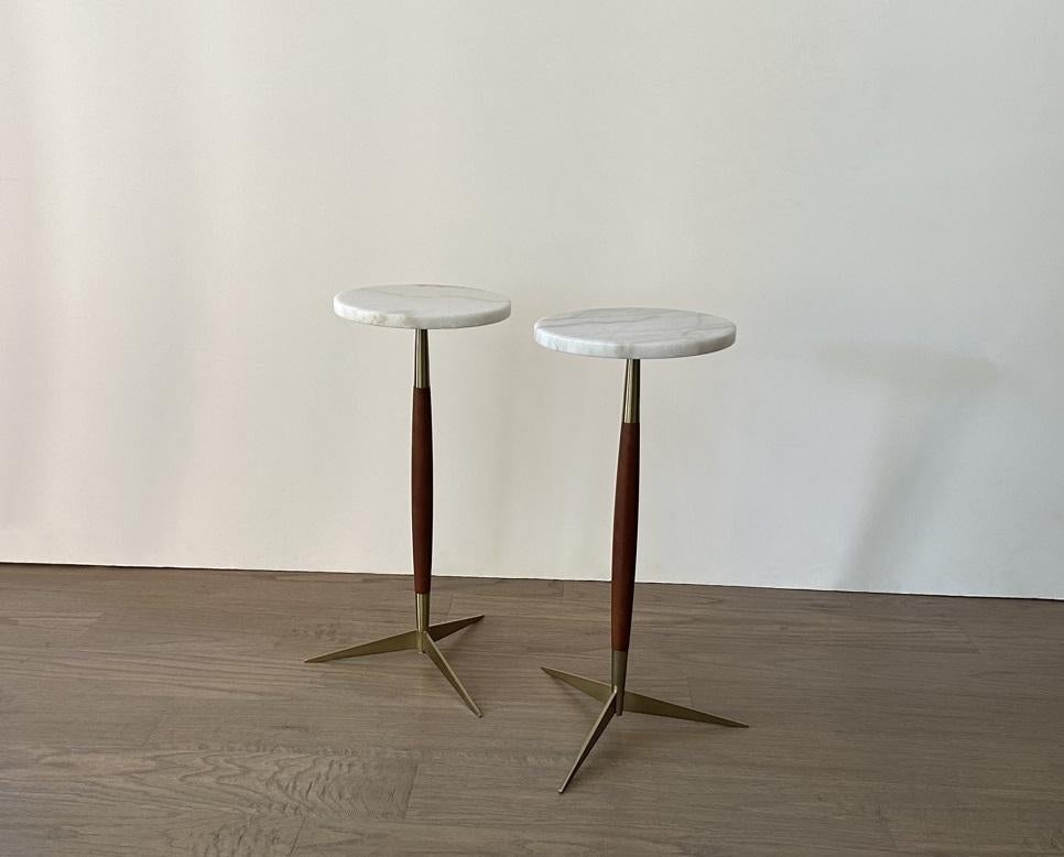 Modernist Pair of Marble Top Walnut and Brass Tripod Martini Tables In Good Condition In Dallas, TX
