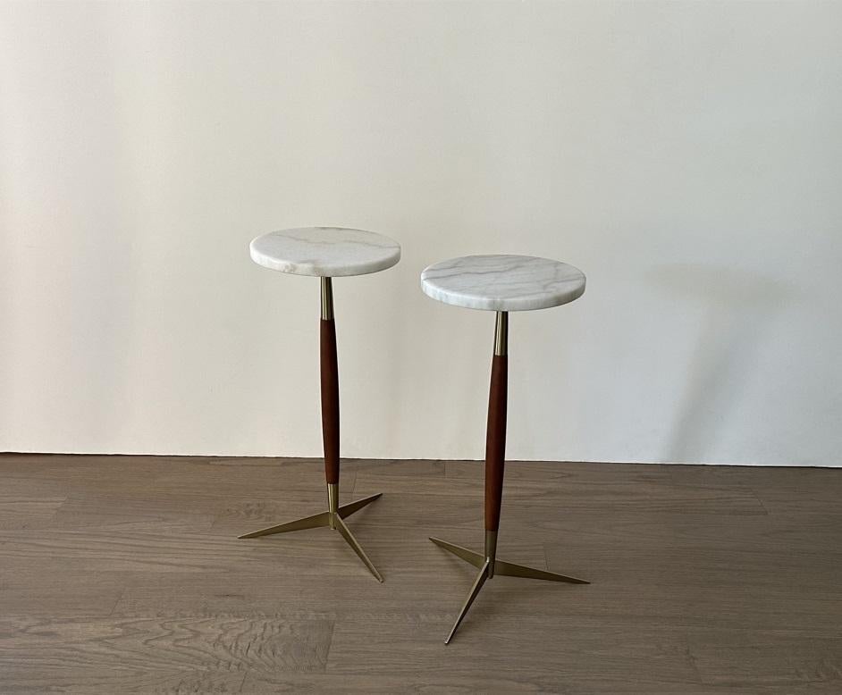 20th Century Modernist Pair of Marble Top Walnut and Brass Tripod Martini Tables