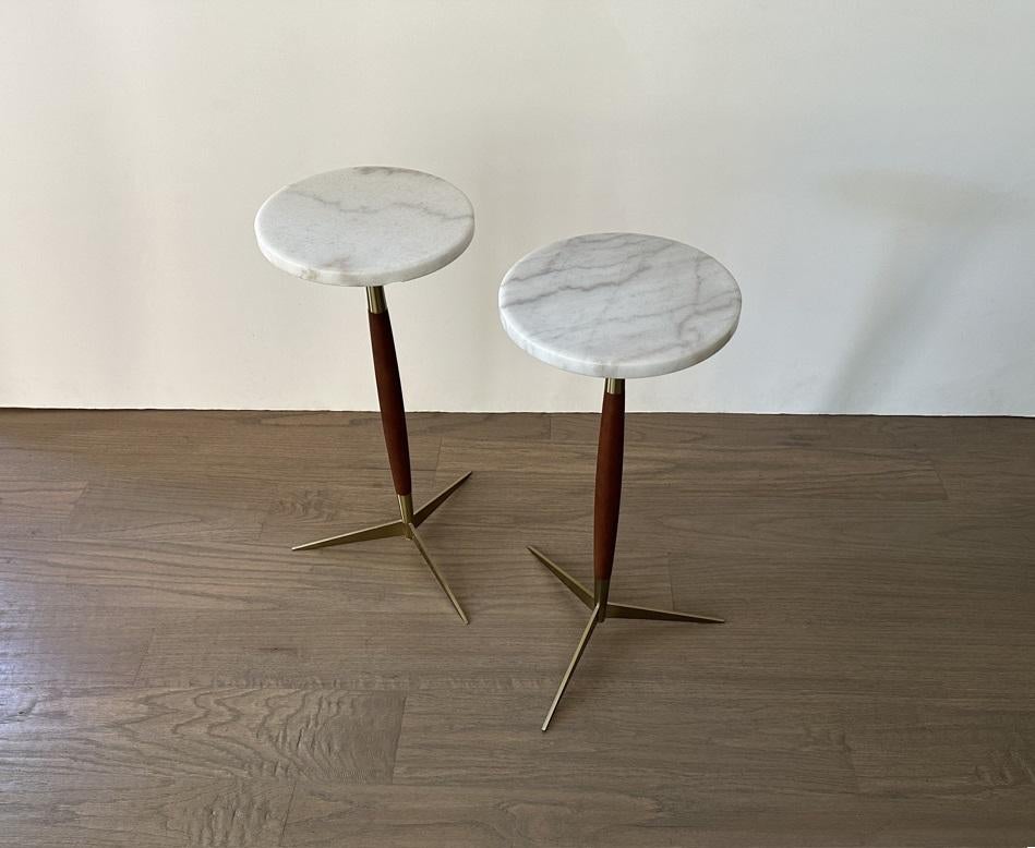 Modernist Pair of Marble Top Walnut and Brass Tripod Martini Tables 1