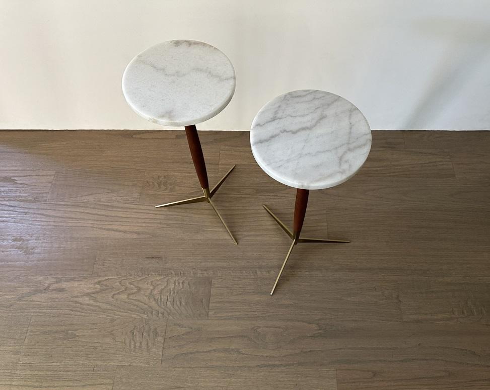 Modernist Pair of Marble Top Walnut and Brass Tripod Martini Tables 2