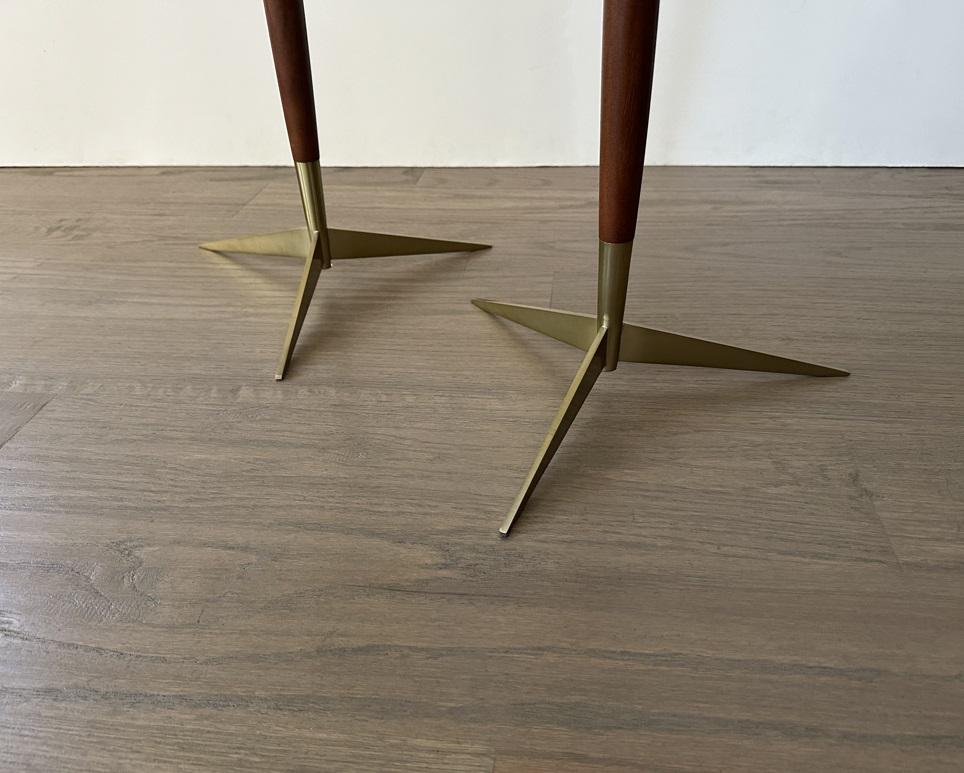 Modernist Pair of Marble Top Walnut and Brass Tripod Martini Tables 3