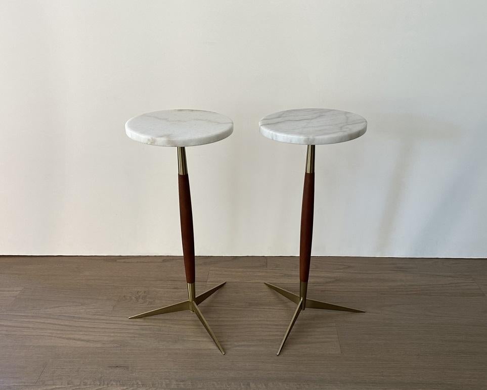 Modernist Pair of Marble Top Walnut and Brass Tripod Martini Tables 4