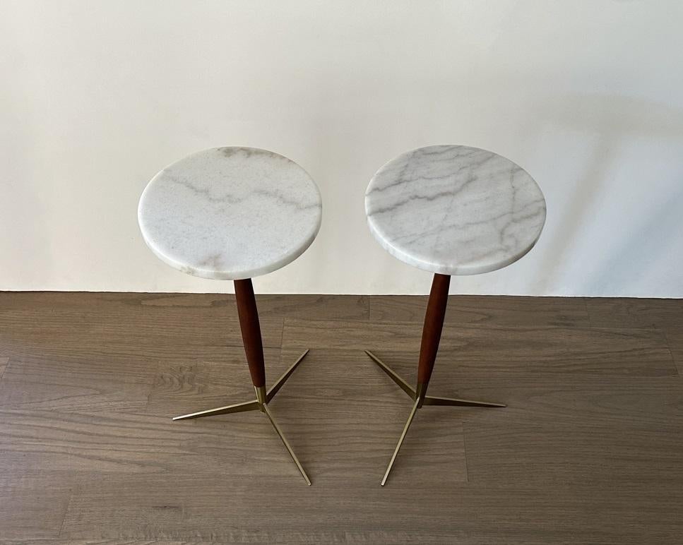 Modernist Pair of Marble Top Walnut and Brass Tripod Martini Tables 5