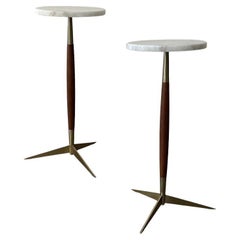 Modernist Pair of Marble Top Walnut and Brass Tripod Martini Tables
