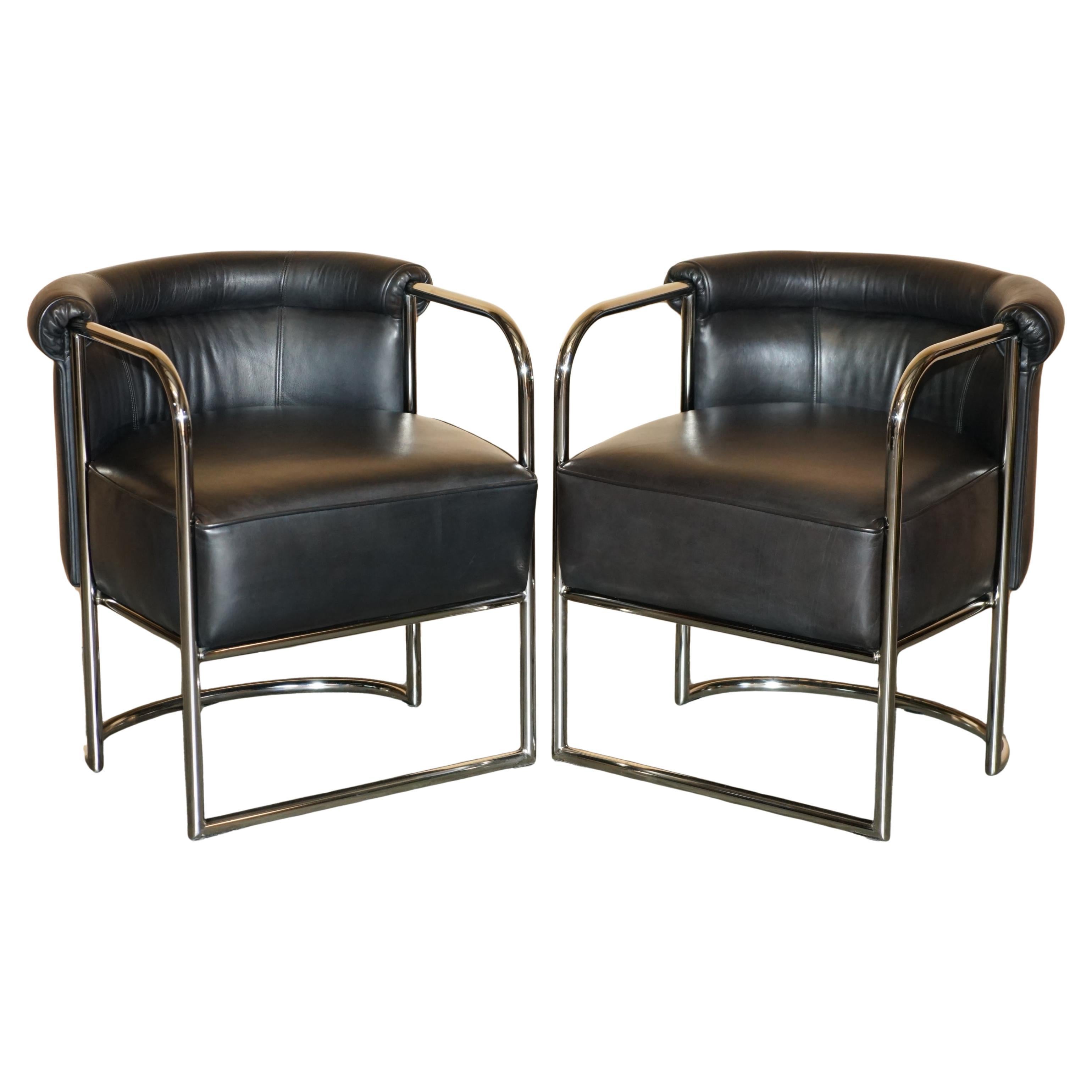 Paire de fauteuils MODERNISTES RALPH LAUREN DESIGNER EN CUIR TUBULAIRE CHROME NOIR
