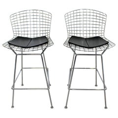 Modernist Pair of Reissued Bertoia High Bar Stools Chrome and Black Vinyl Knoll