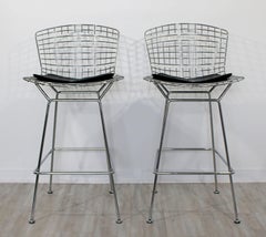 Modernist Pair of Reissued Bertoia High Bar Stools Chrome and Black Vinyl Knoll