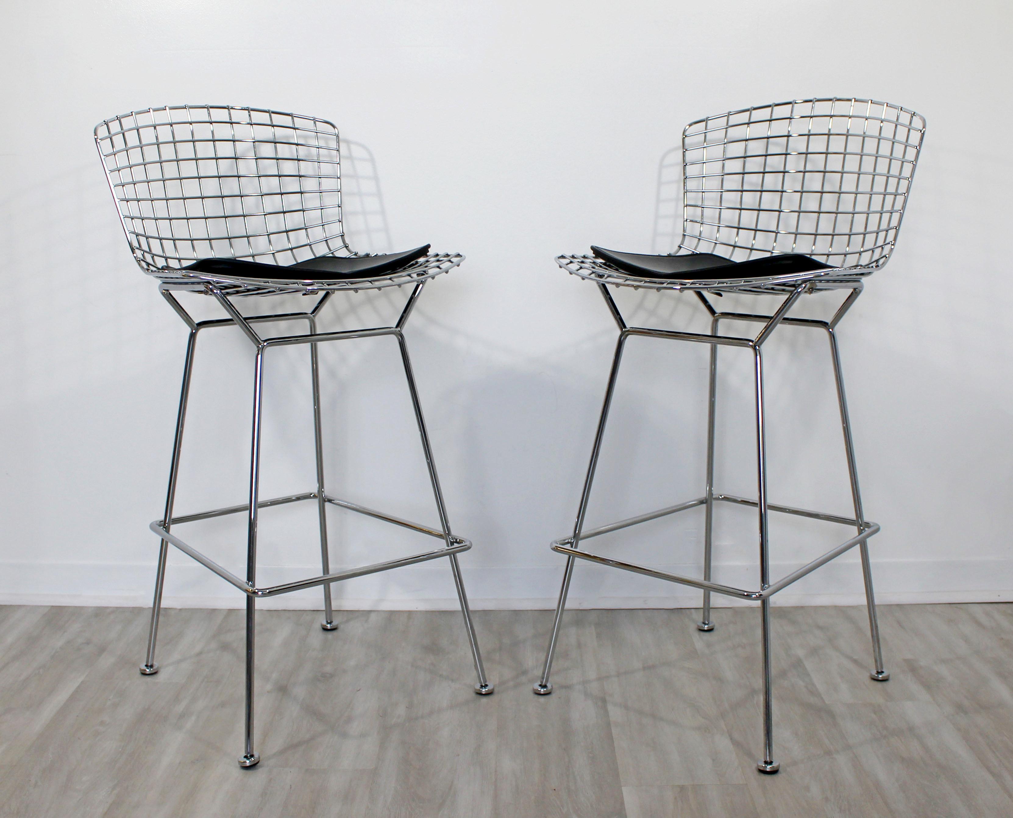 Mid-Century Modern Modernist Pair of Reissued Bertoia High Bar Stools Chrome and Black Vinyl Knoll