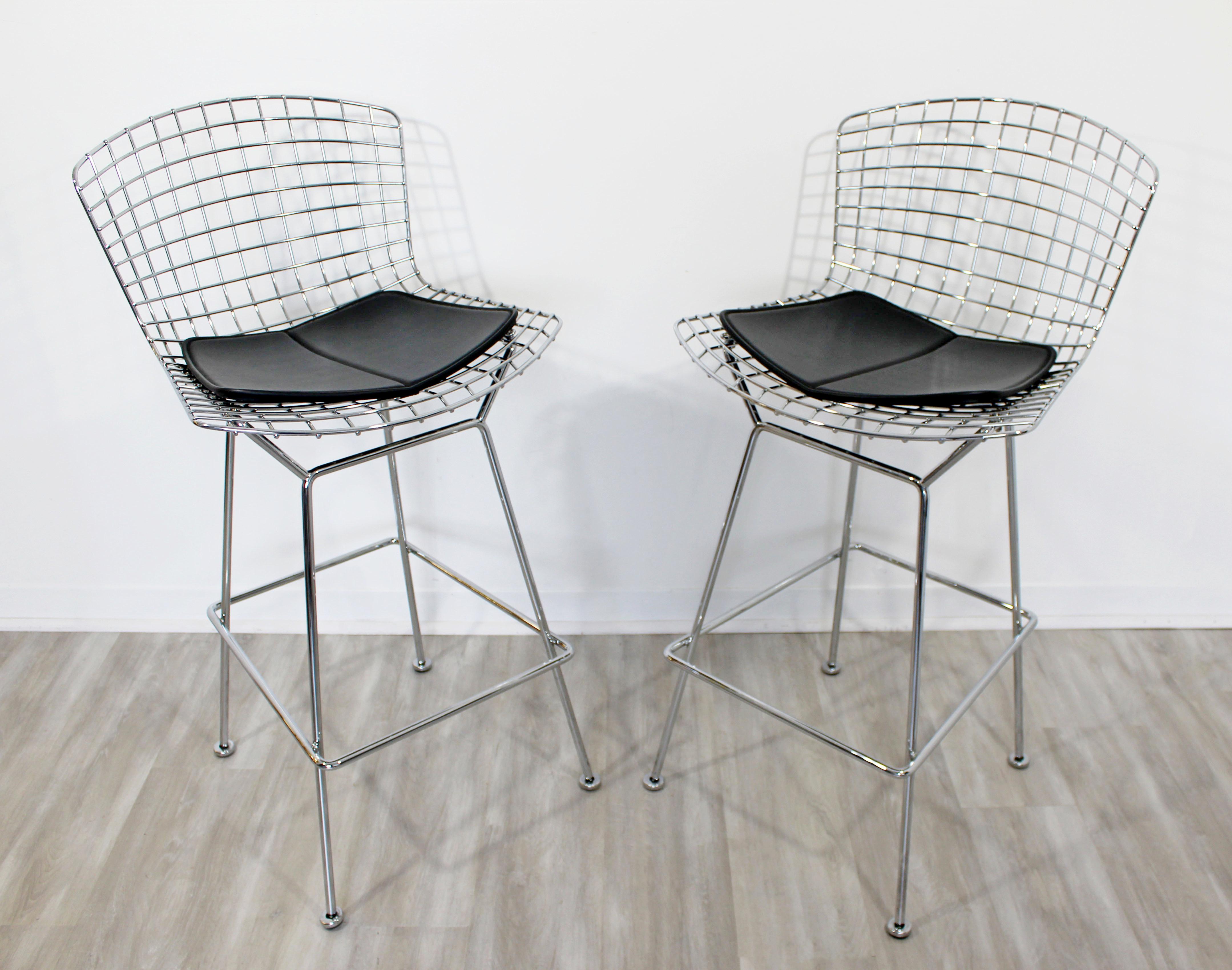 American Modernist Pair of Reissued Bertoia High Bar Stools Chrome and Black Vinyl Knoll