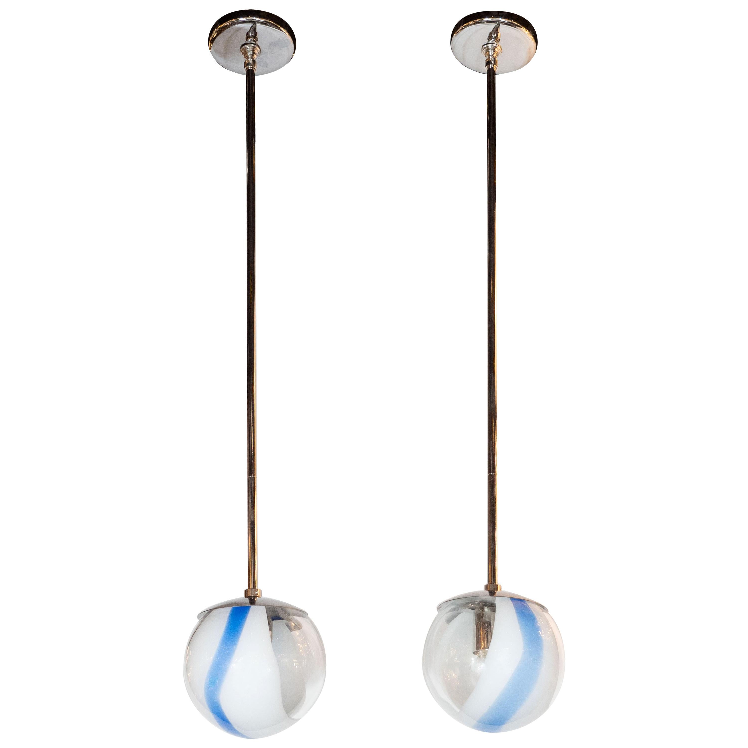 Modernist Pair of Royal Blue/White Hand Blown Murano Glass Pendants
