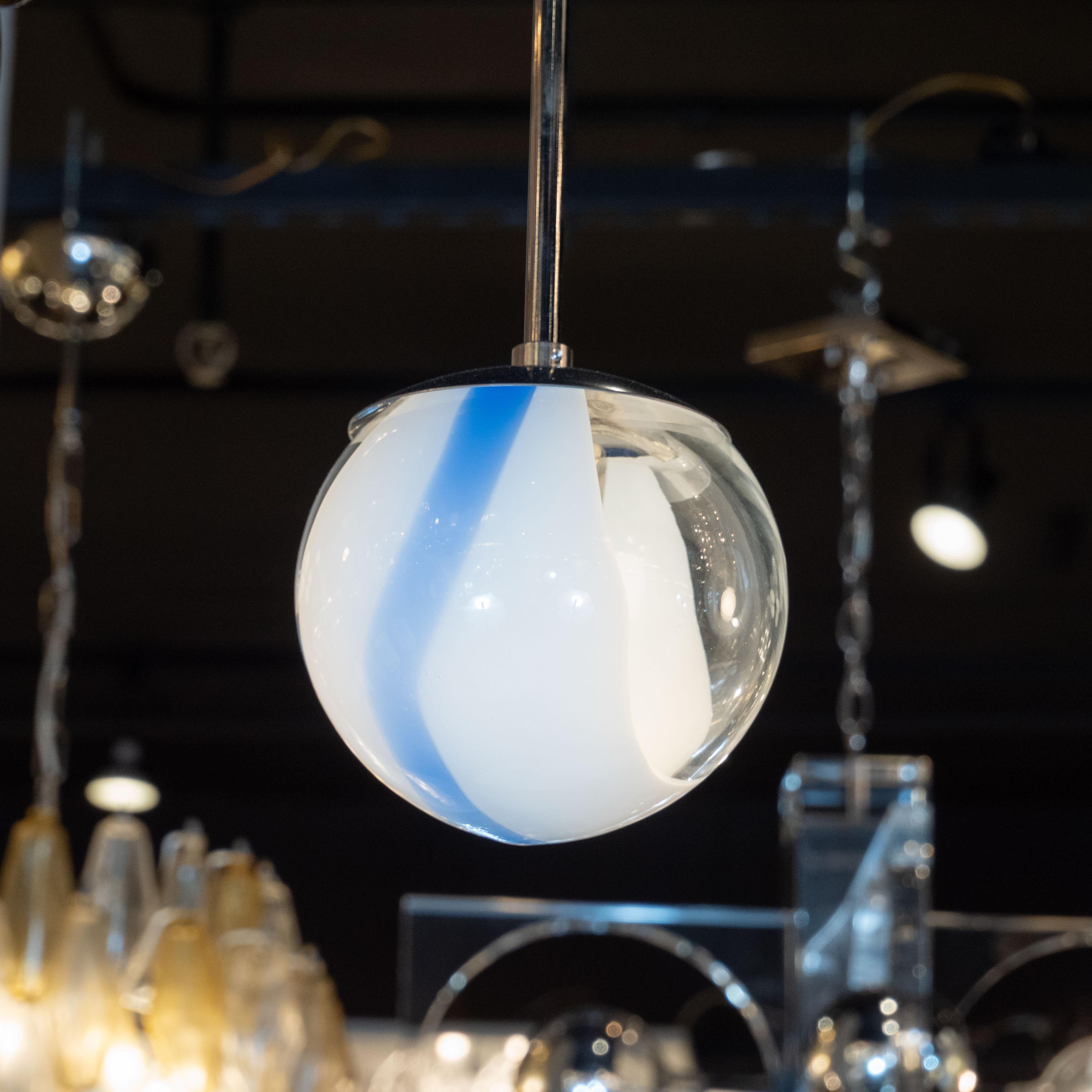 Modernist Pair of Royal Blue/White Hand Blown Murano Glass Pendants In Excellent Condition In New York, NY