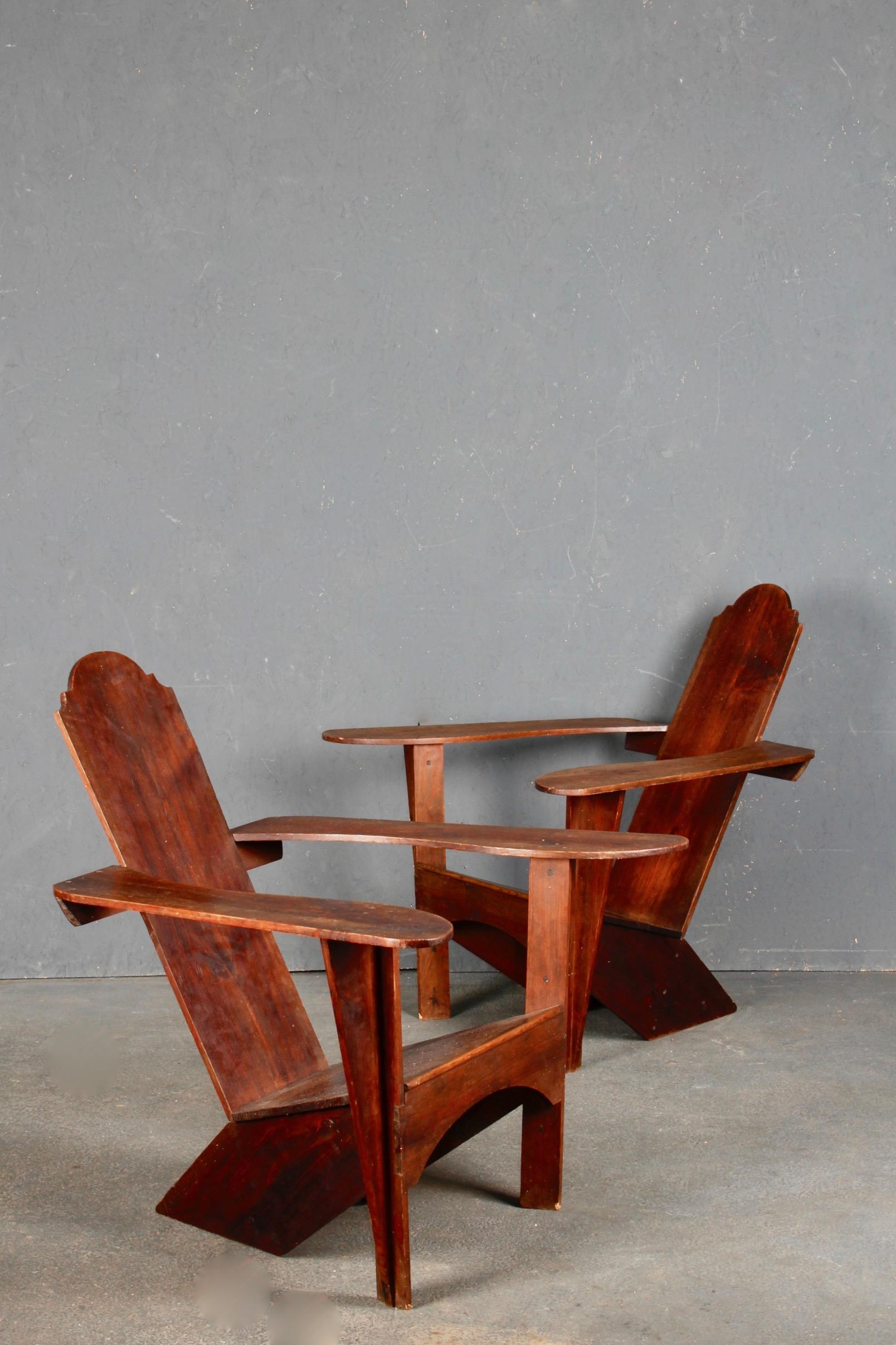 Early 20th Century Modernist Pair of Wood Sculpture Armchairs For Sale