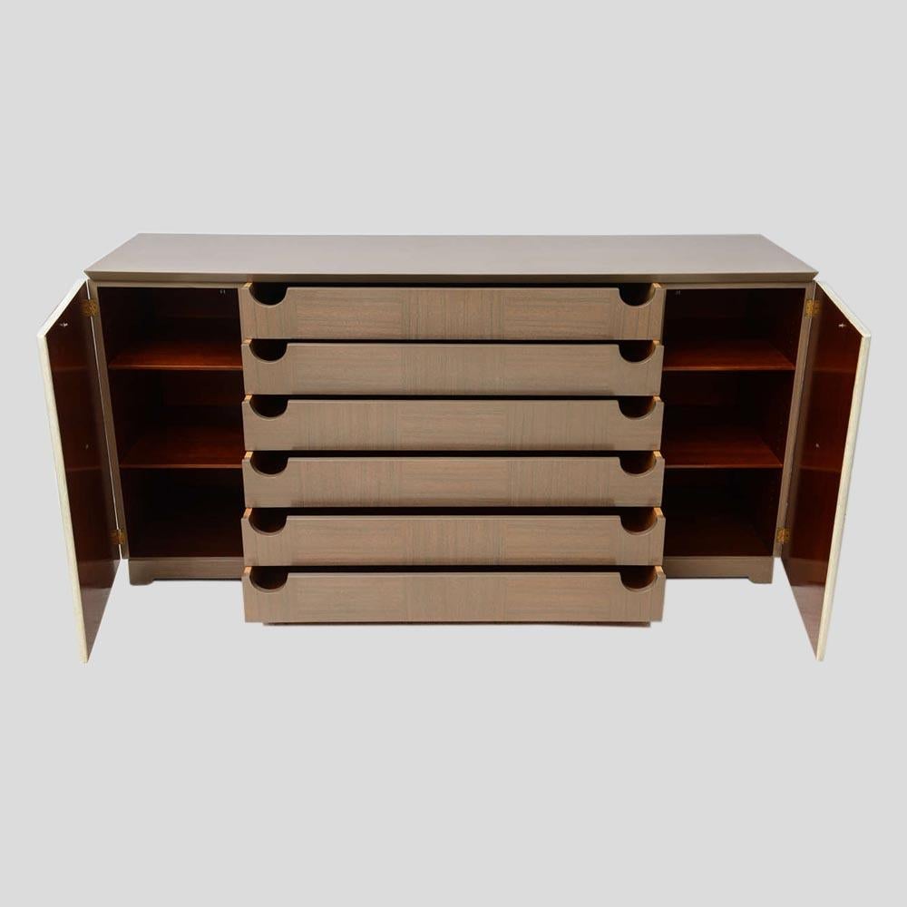 Mid-Century Modern Modernist Parchment And Cerused Oak Sideboard Design Attributed Jacques Adnet