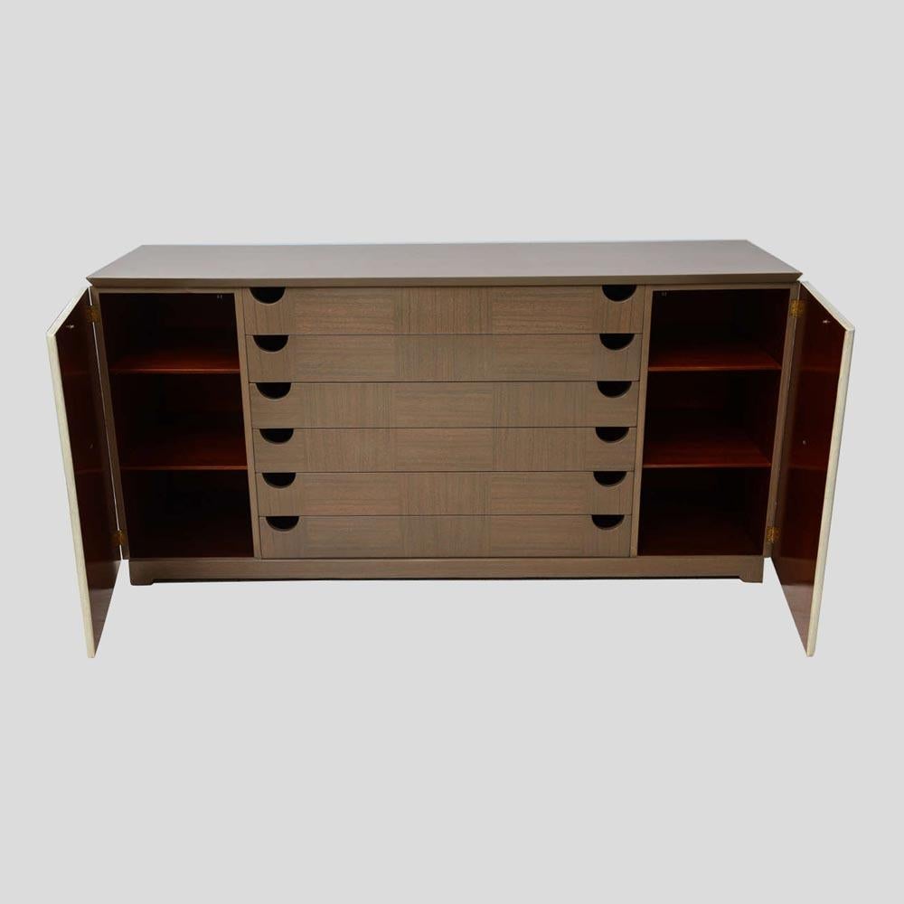 French Modernist Parchment And Cerused Oak Sideboard Design Attributed Jacques Adnet