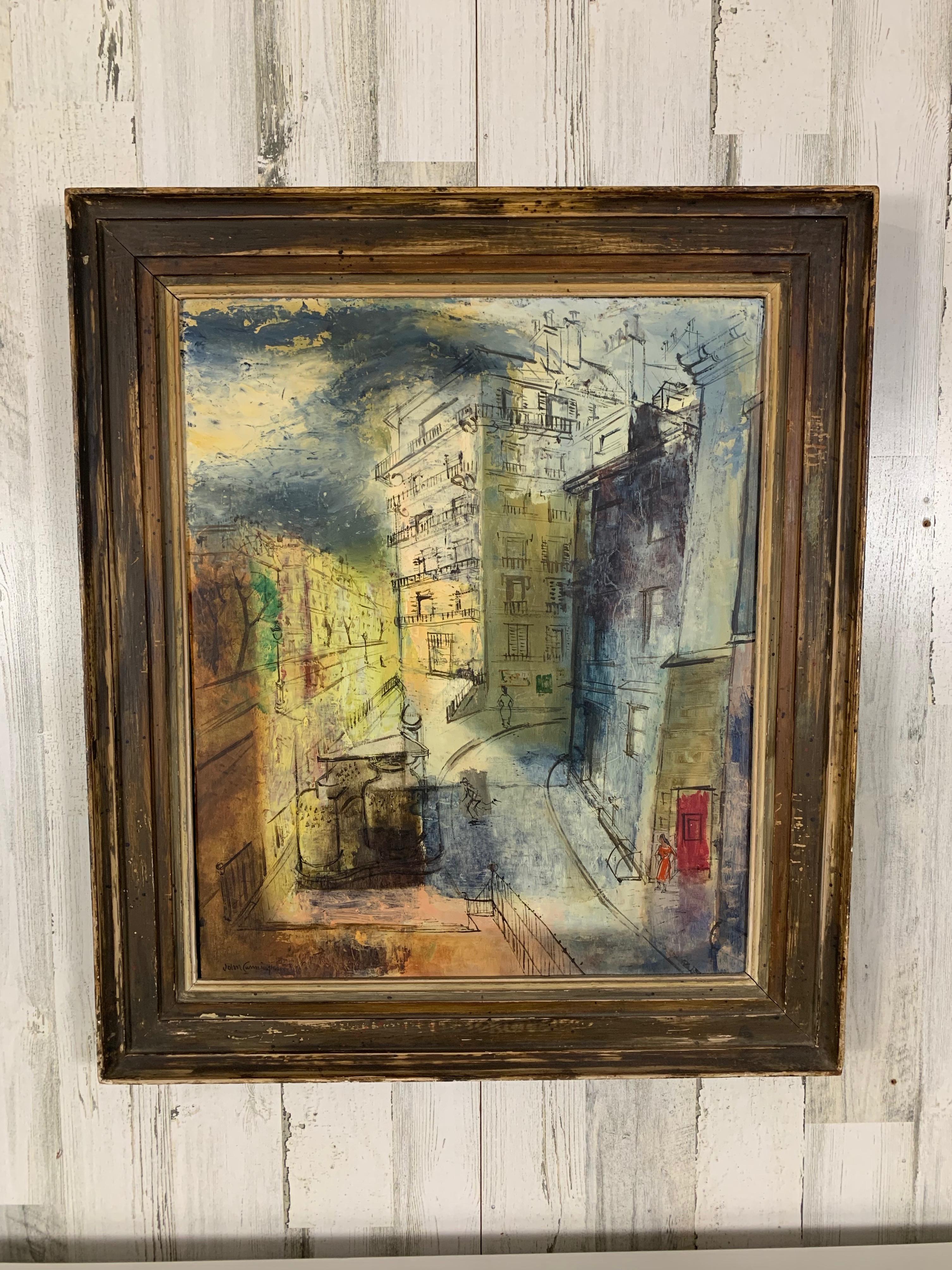 Escena callejera parisina modernista pintada al óleo sobre tabla con la luz de la luna iluminando la rue d'ursine a primera hora de la mañana. 
Firmado John Cunningham
Cunningham era profesor de arte en Carmel, California.