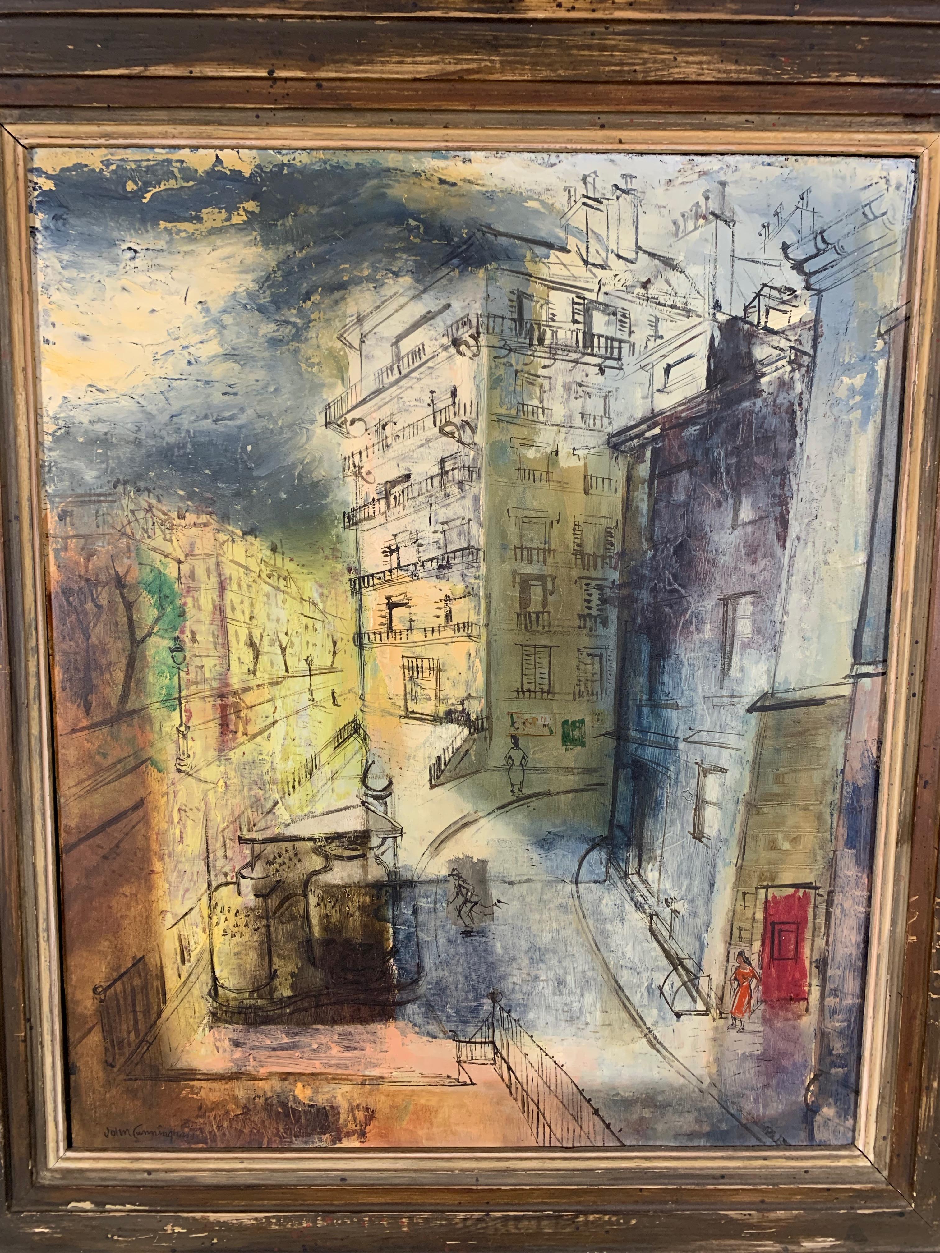 Pintura modernista de una escena callejera parisina Moderno de mediados de siglo en venta