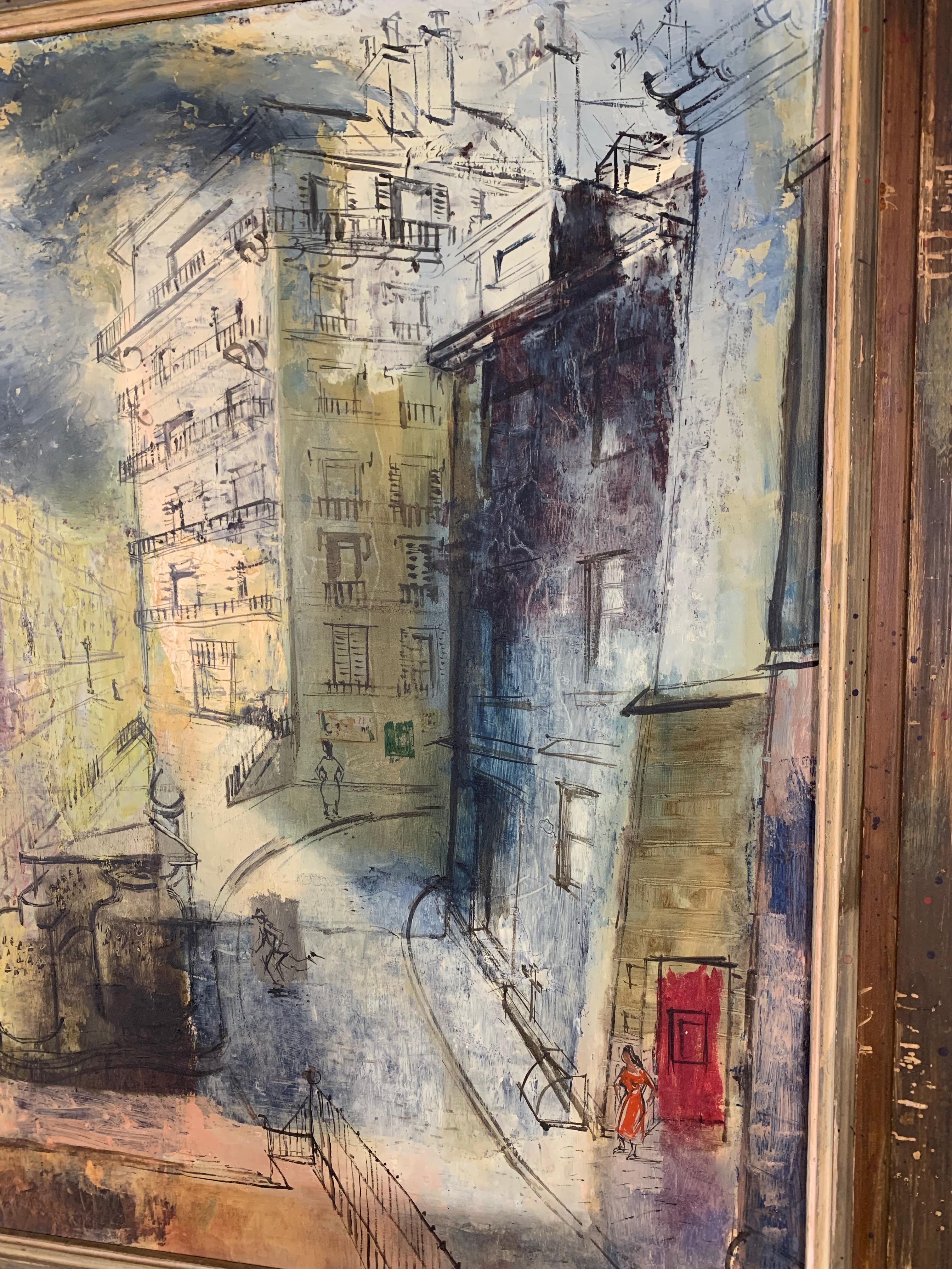 Pintura modernista de una escena callejera parisina Madera en venta