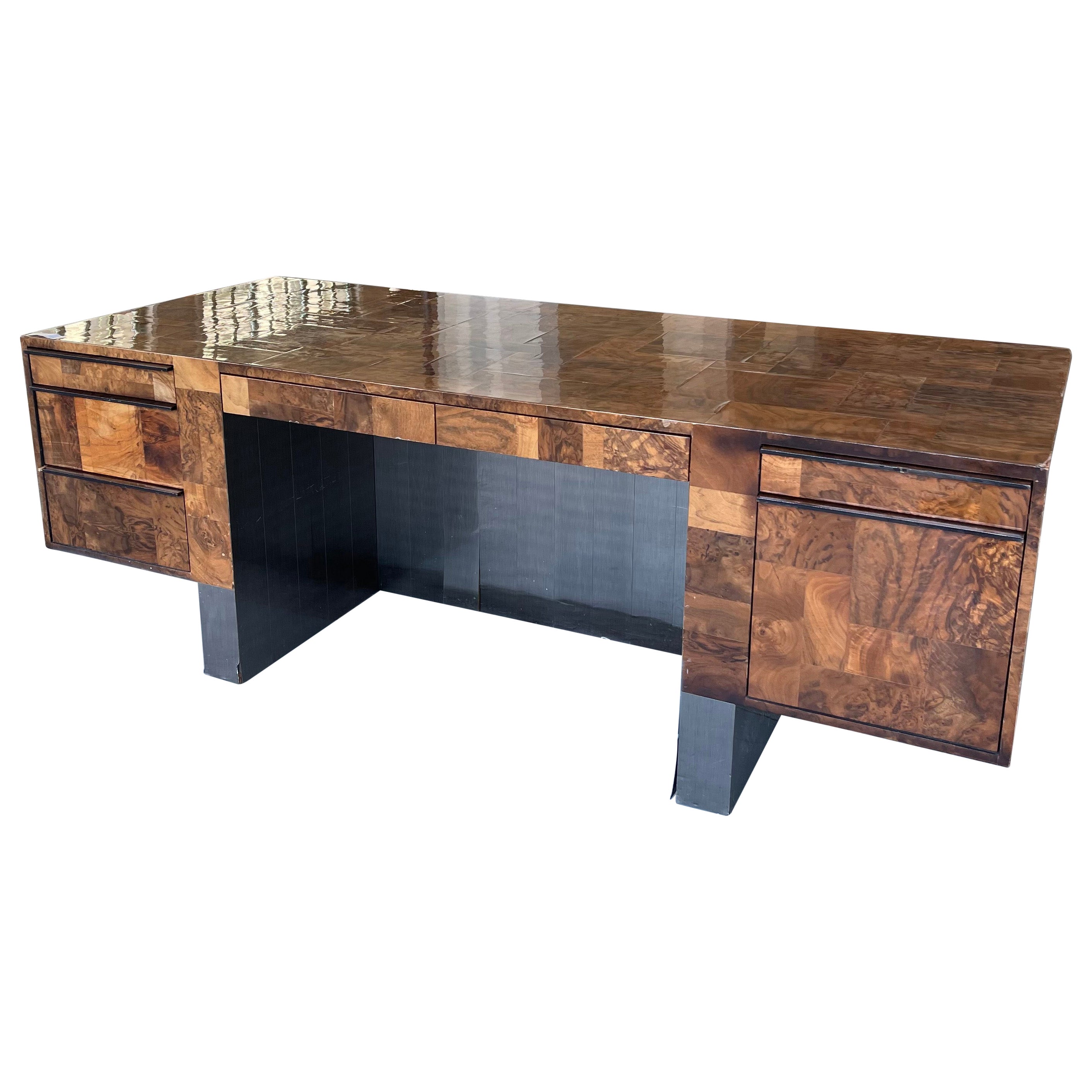 Modernist Patchwork Burl Executive Desk By Paul Evans Cityscape For Directional