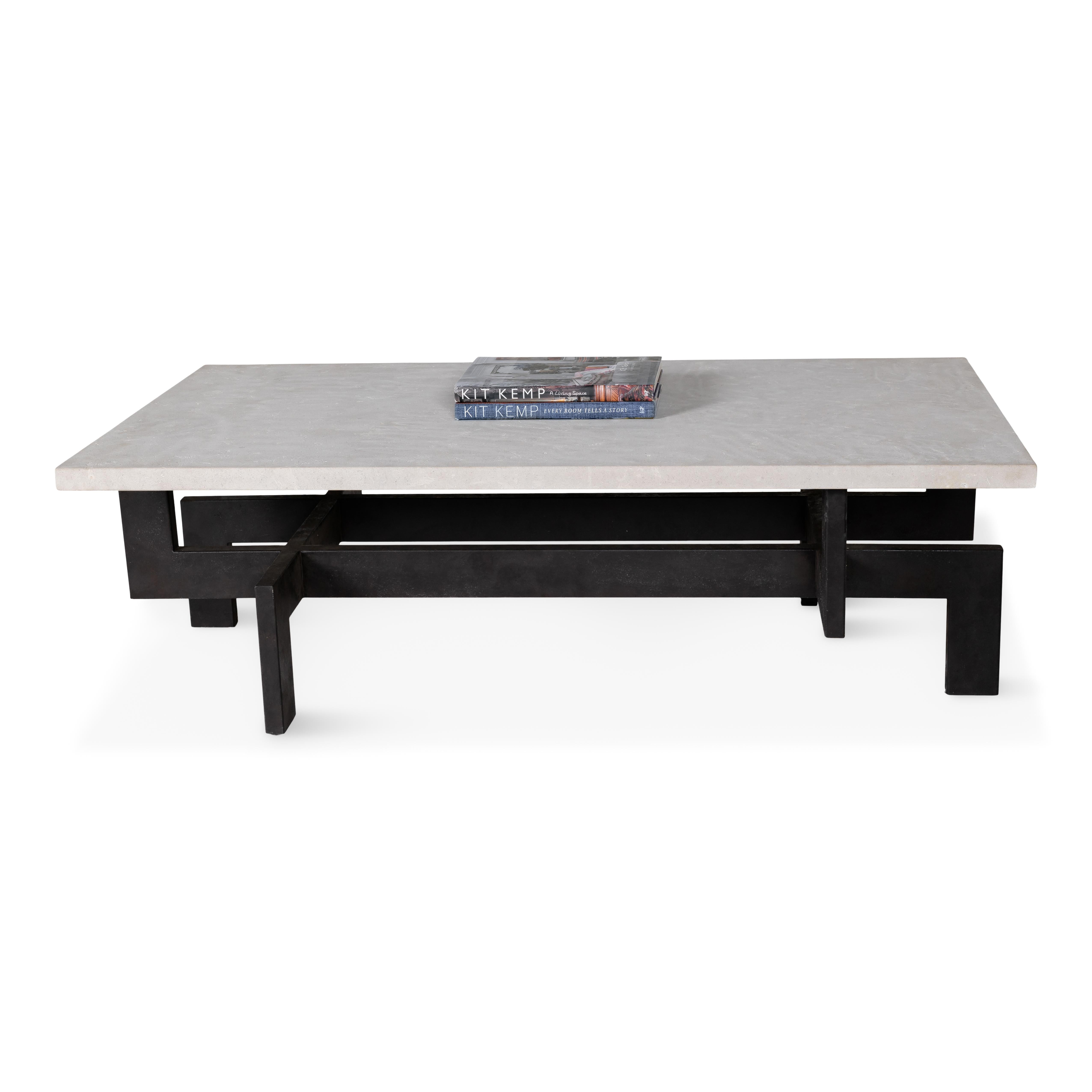 Modern coffee table with limestone top and geometric patinaed steel base. 

Designed by Brendan Bass for the Vision and Design Collection, by using high quality materials and textures. All materials are sourced from local vendors throughout the