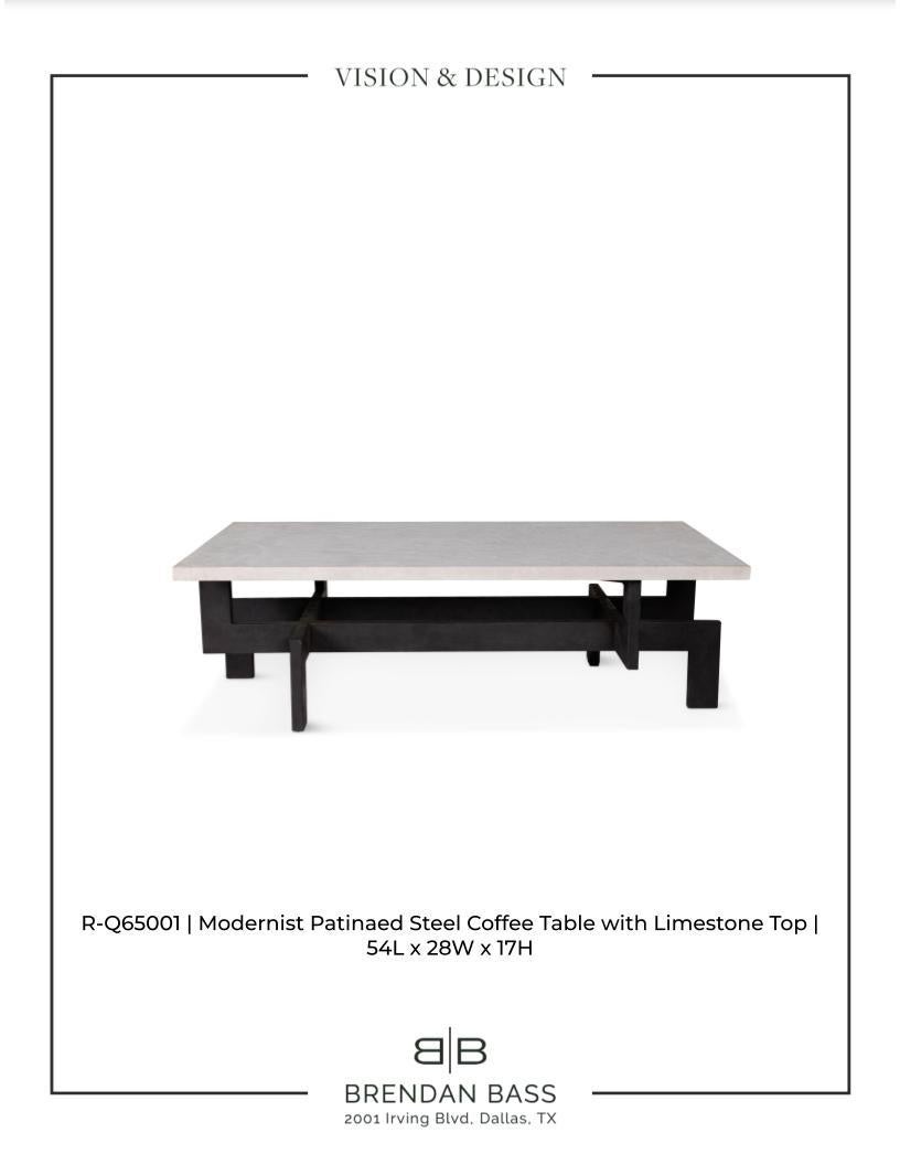 Modernist Patinaed Steel Coffee Table with Limestone Top For Sale 1