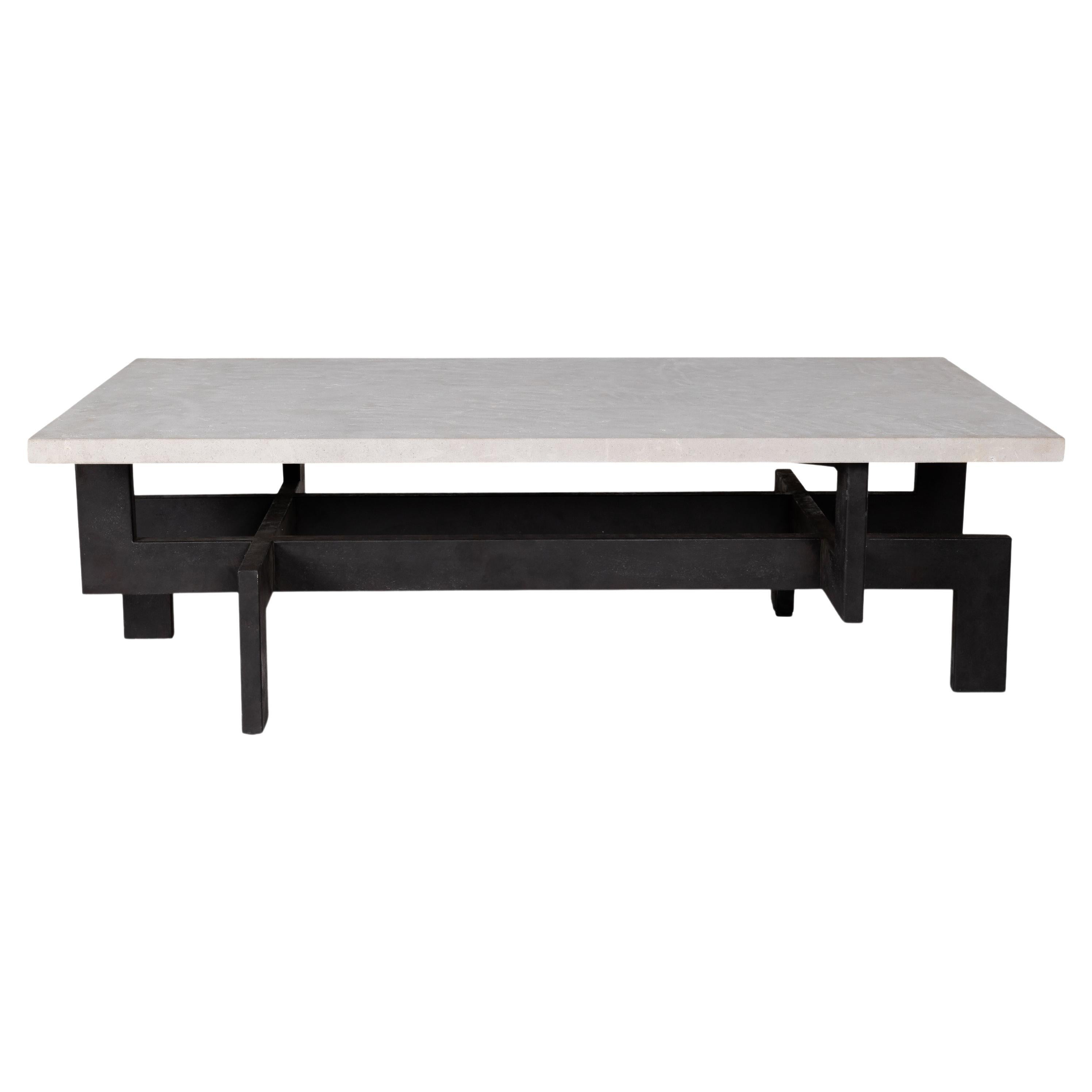 Modernist Patinaed Steel Coffee Table with Limestone Top For Sale