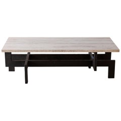 Modernist Patinaed Steel Coffee Table with Open Travertine Top