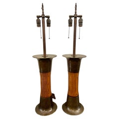 Modernist Patinated Brass and Turned Wood Table Lamps, Pair