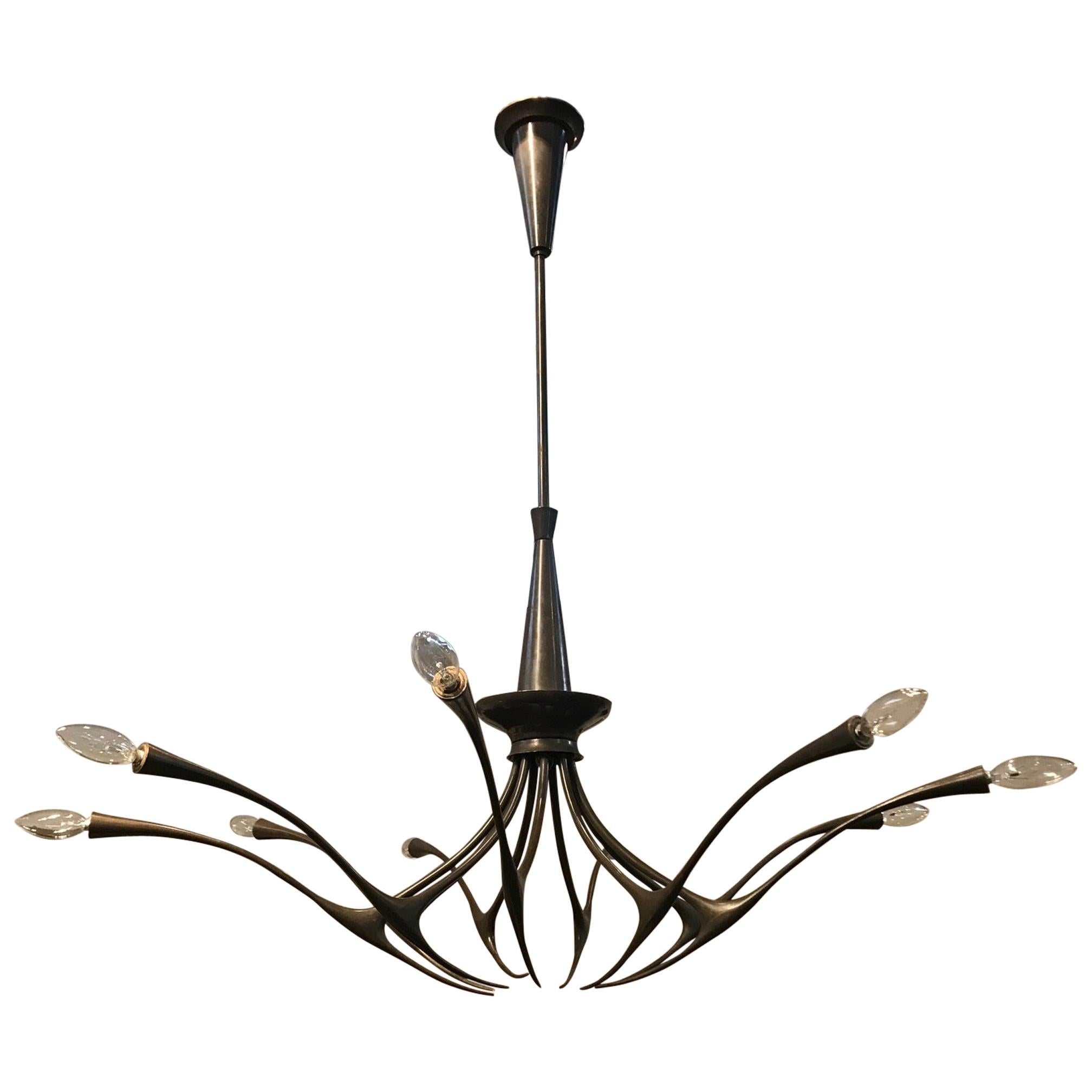 Modernist Patinated Brass Chandelier by Oscar Torlasco For Sale