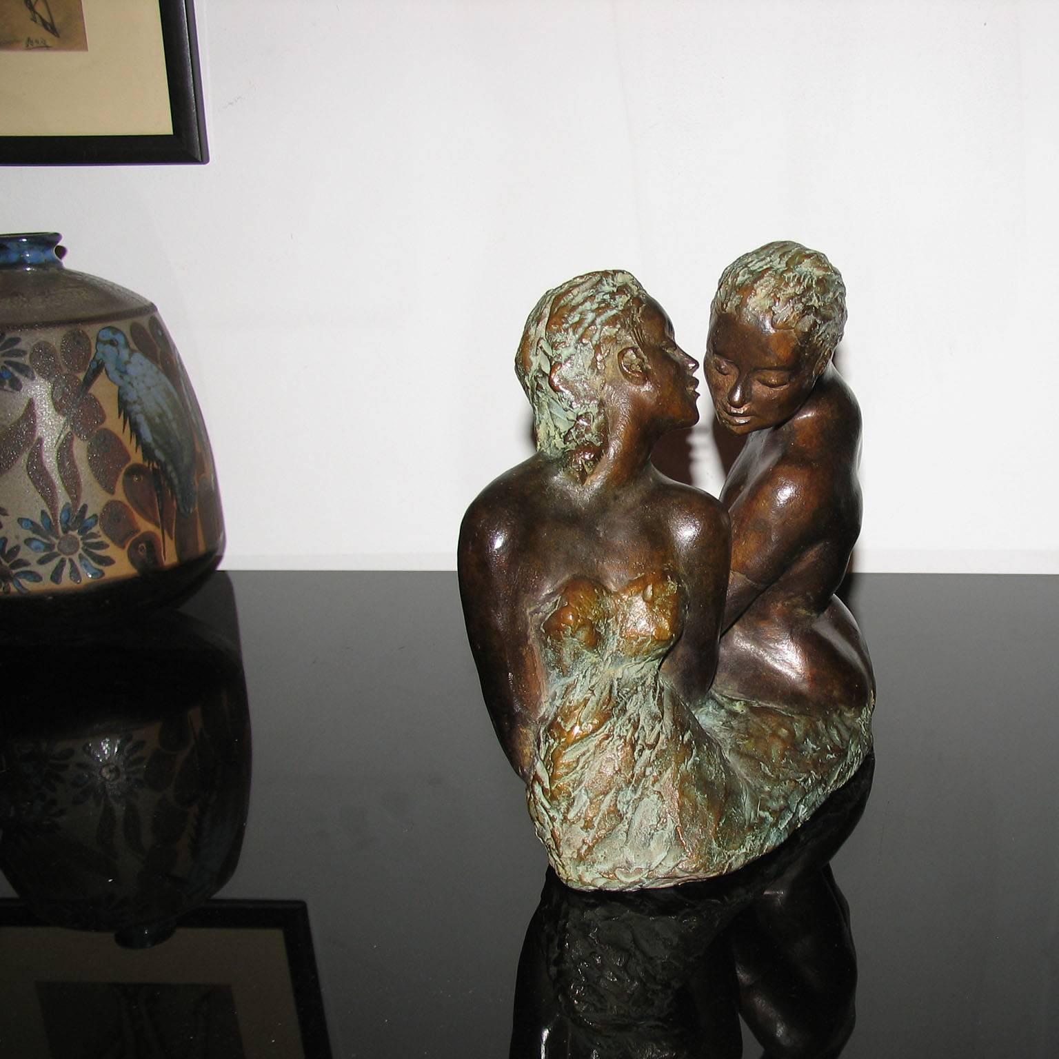 French Modernist Patinated Bronze Sculpture Couple in Love