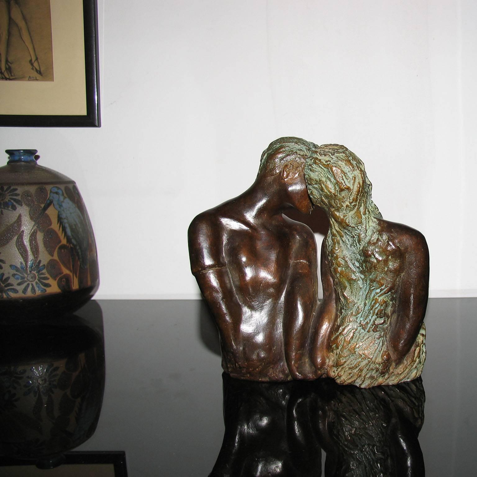 Cast Modernist Patinated Bronze Sculpture Couple in Love