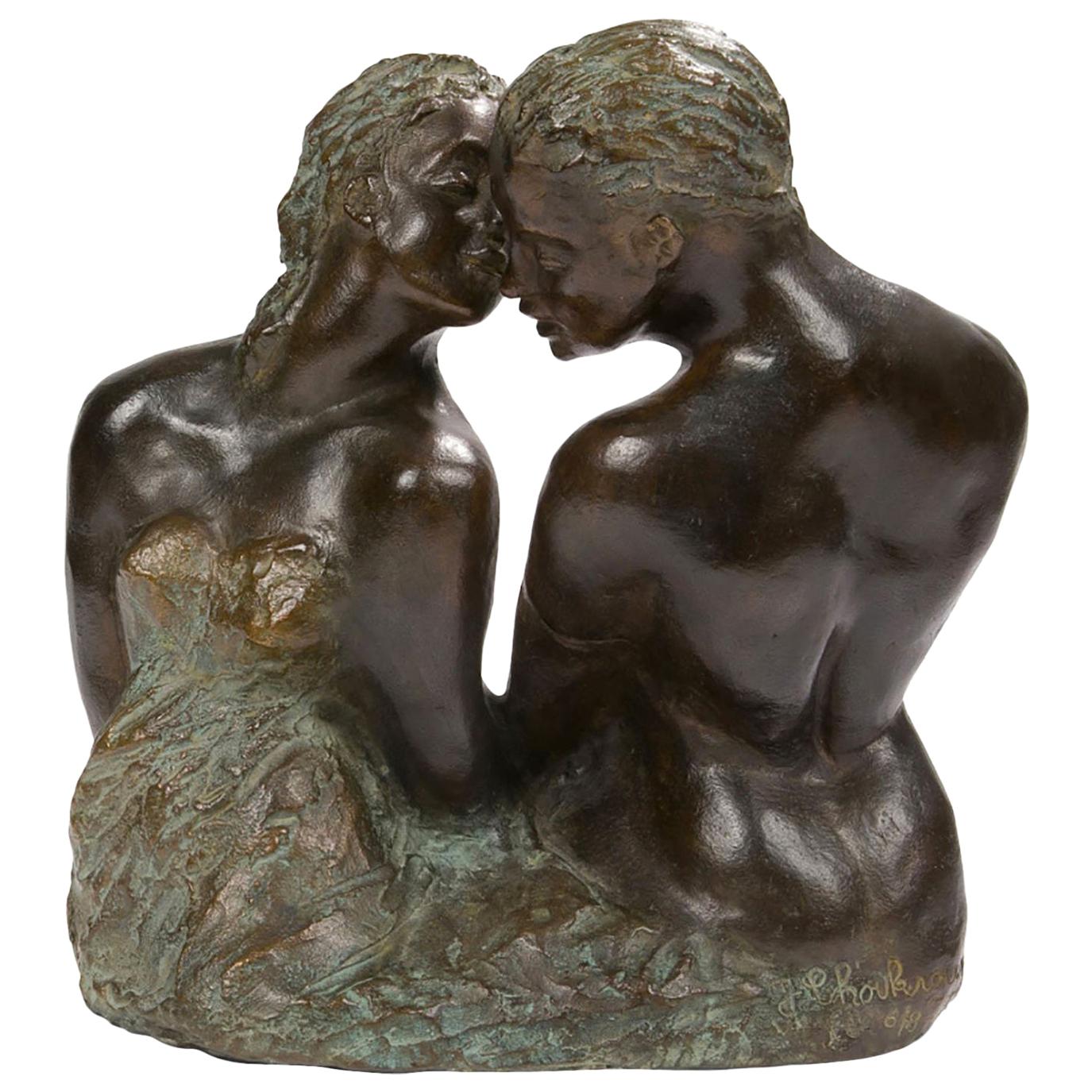 Modernist Patinated Bronze Sculpture Couple in Love