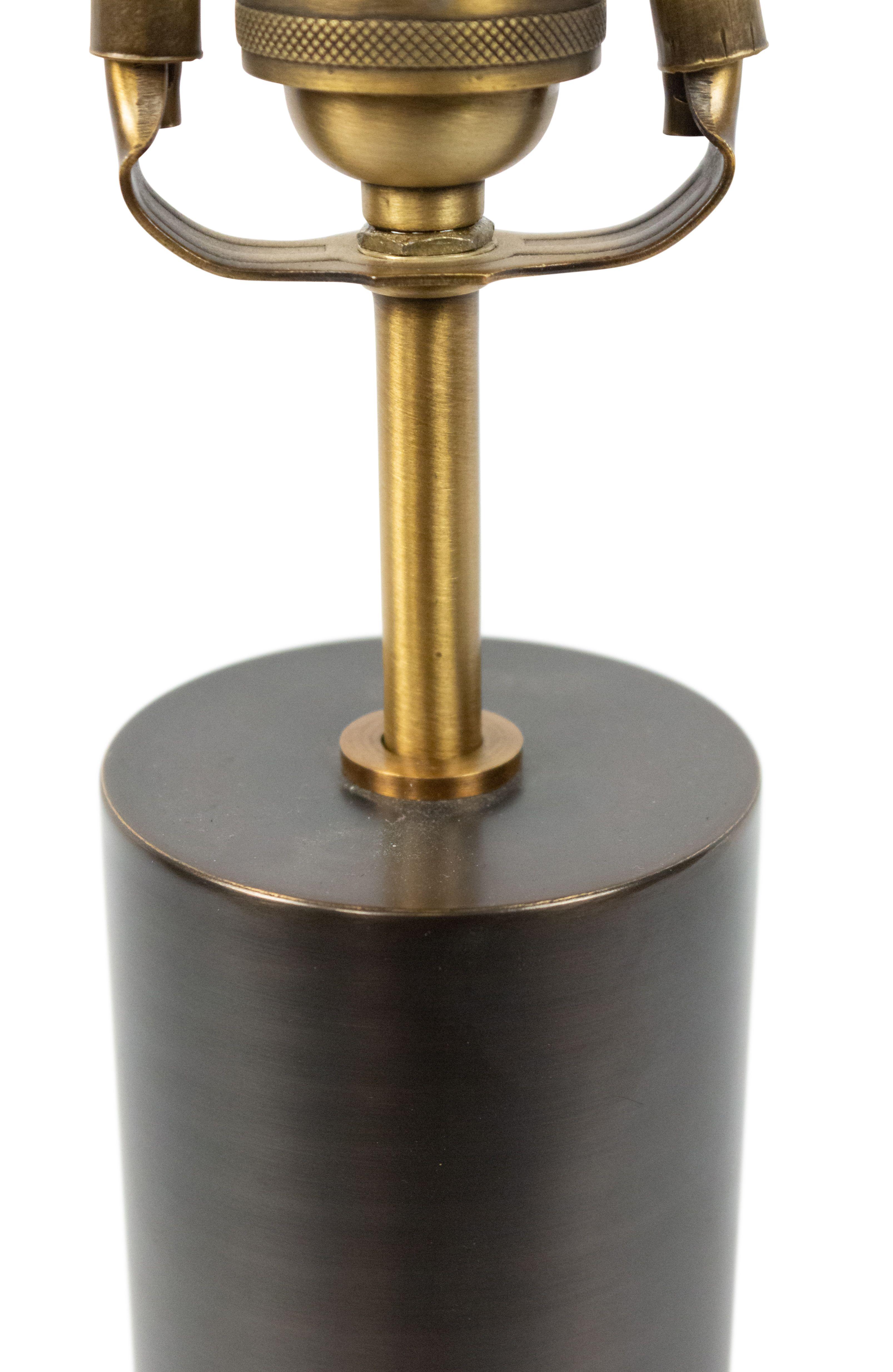 American Modernist Patinated Cylindrical Metal Table Lamp with Brass Accents