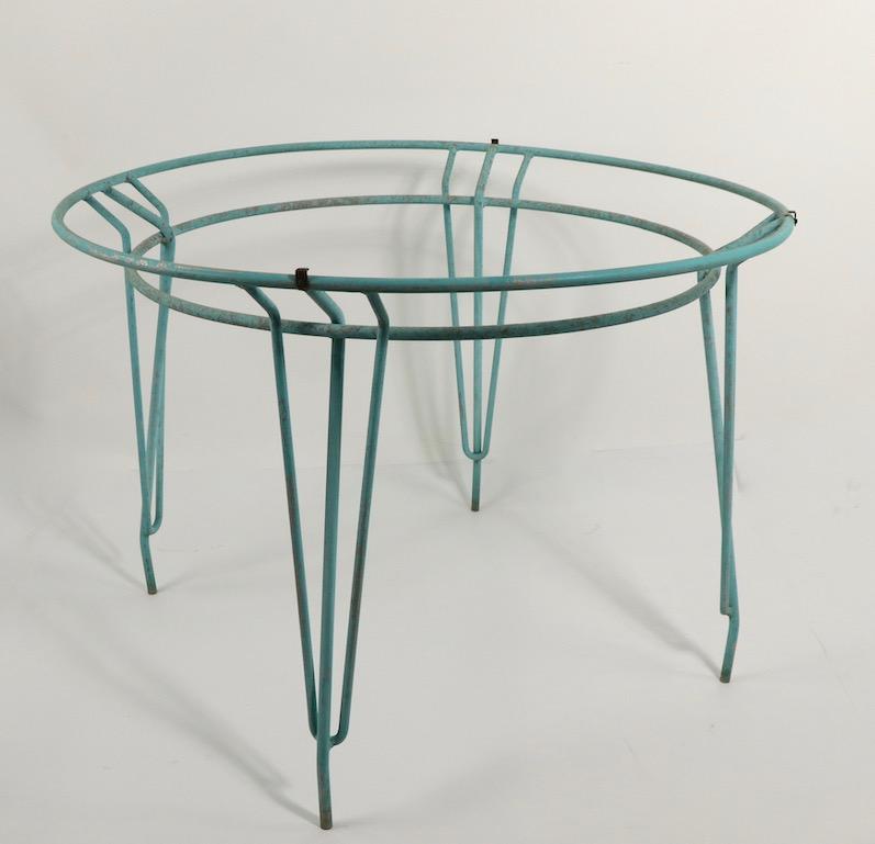 Architectural patio, garden table of tubular aluminum structure in original paint finish. In the manner of Walter lamp, possibly Kipp Stewart design, unsigned. Table selling without glass top.