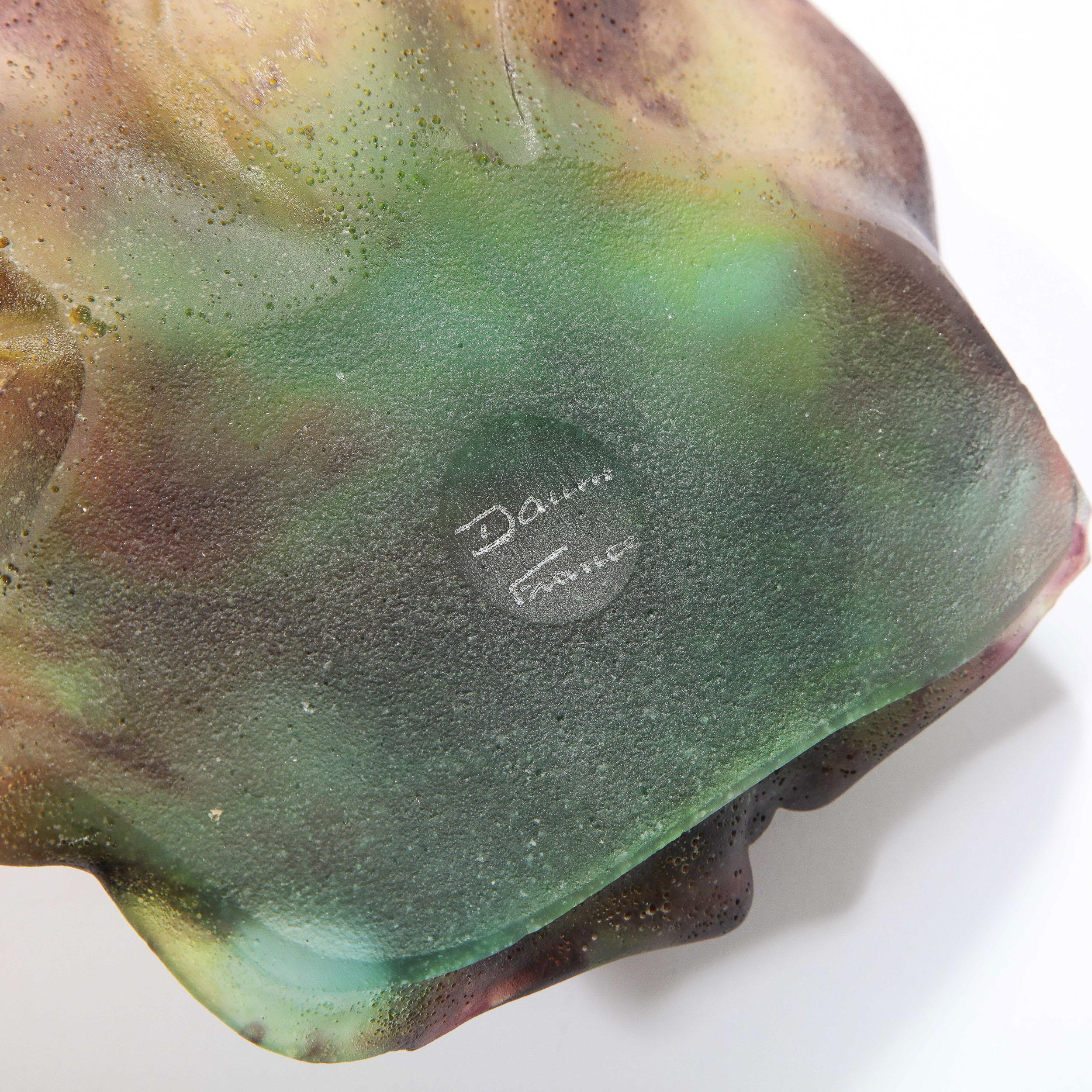 Modernist Patte De Verre Art Glass Stylized Frog on Lilypad Dish Signed by Daum 3