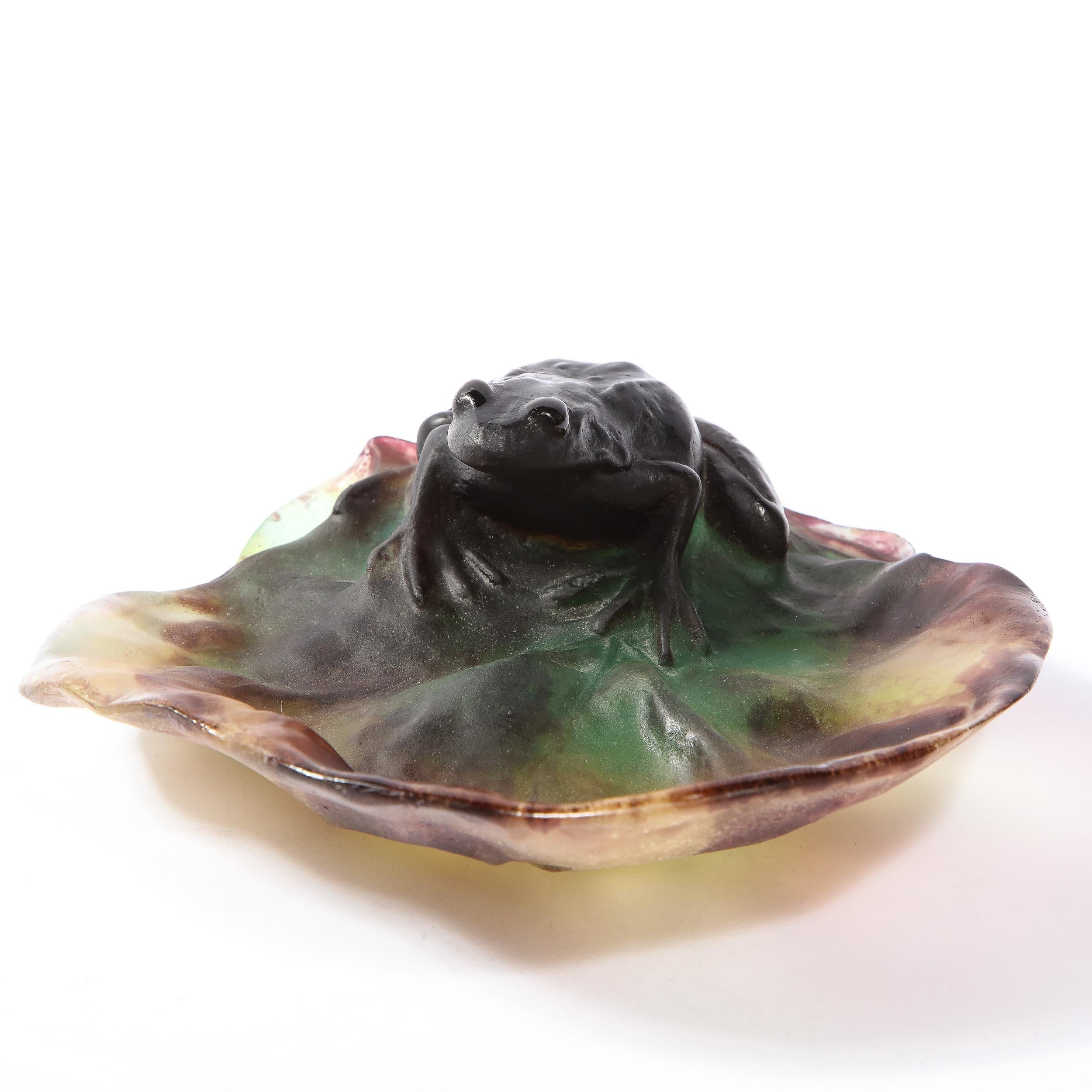 20th Century Modernist Patte De Verre Art Glass Stylized Frog on Lilypad Dish Signed by Daum