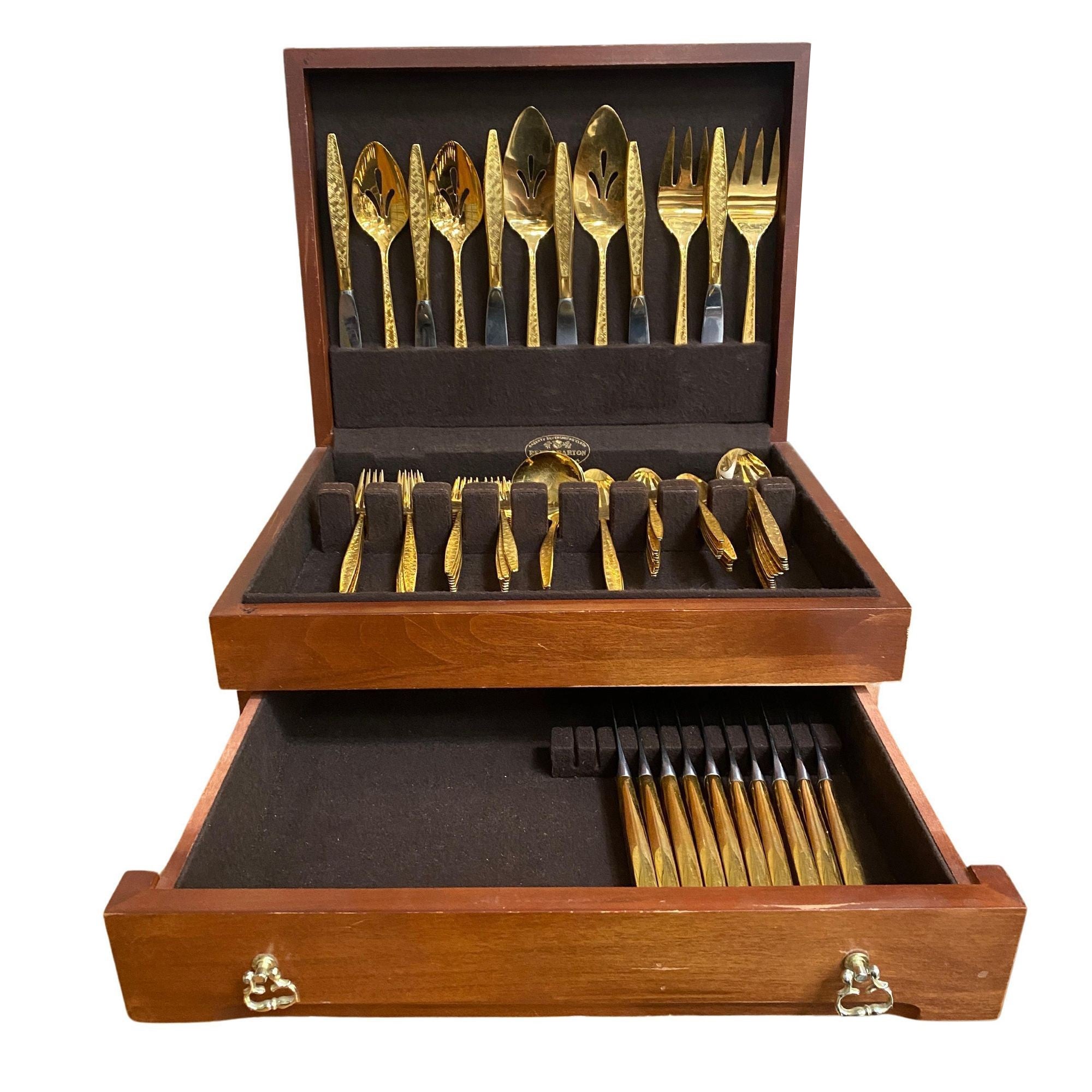 Modernist Pattern Gold Plated Stainless Flatware Set of 92 by 1847 Rogers Bros.