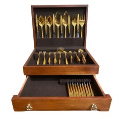 Modernist Pattern Gold Plated Stainless Flatware Set of 92 by 1847 Rogers Bros
