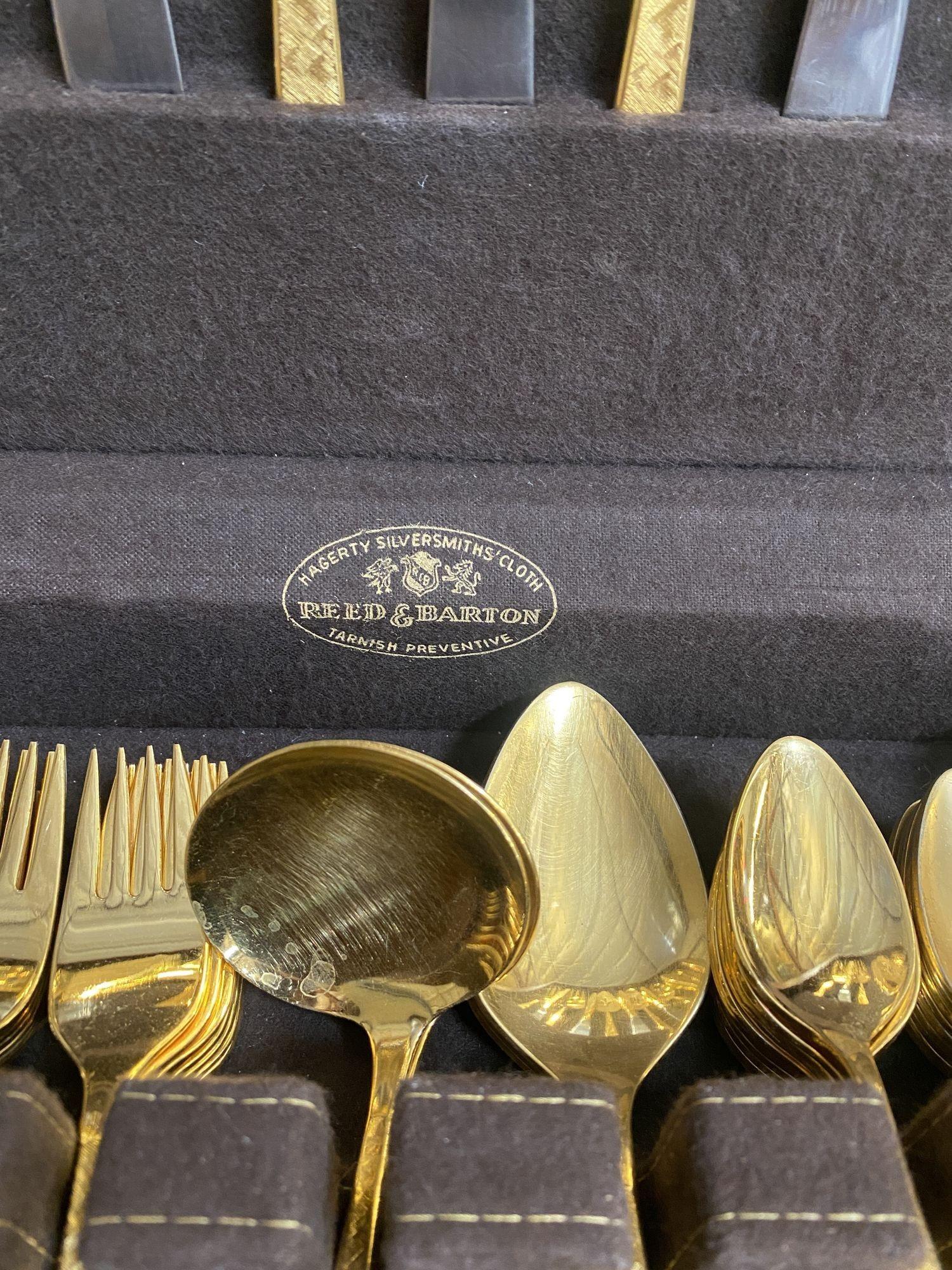 American Modernist Pattern Gold Plated Stainless Flatware Set of 92 by Reed and Barton For Sale