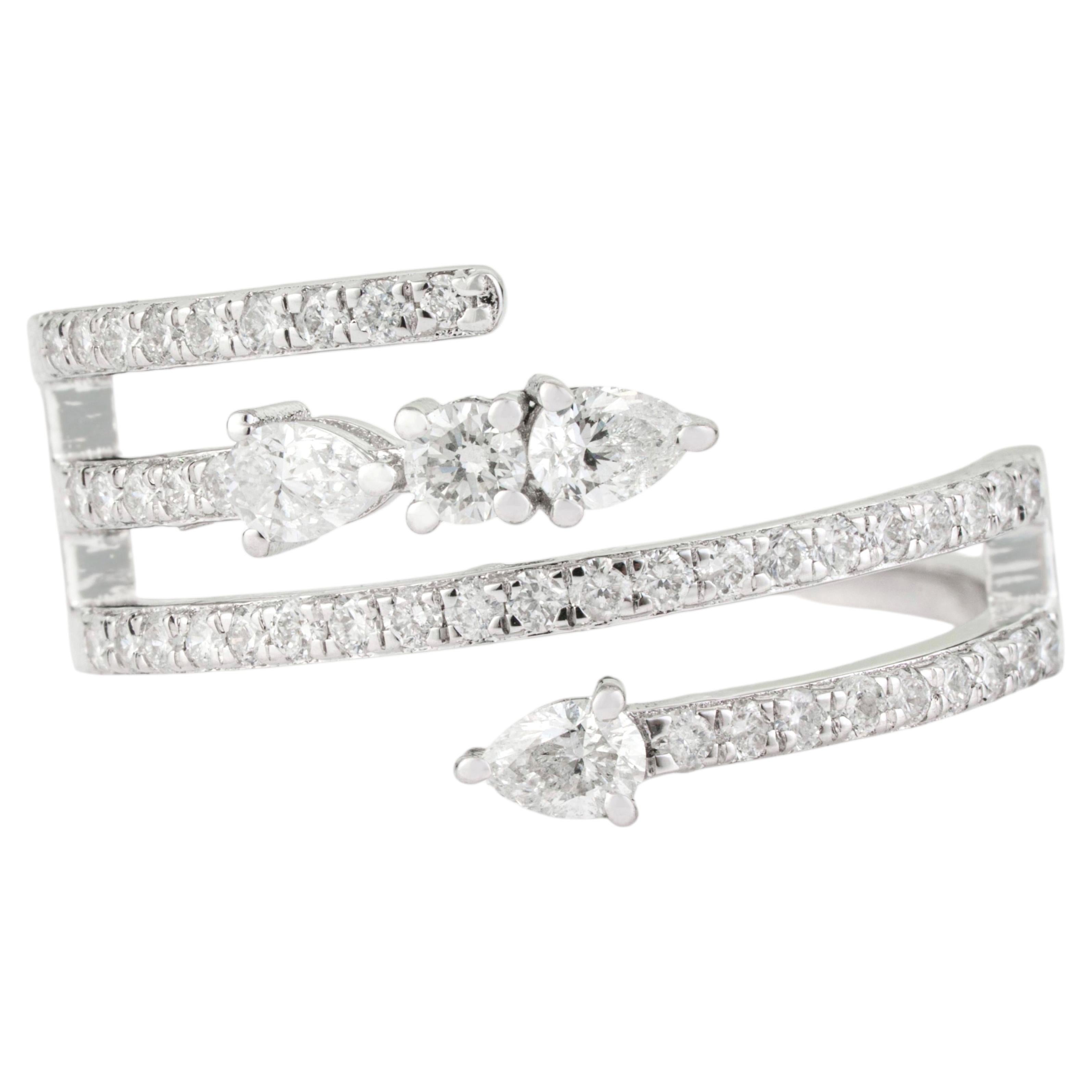 Modernist Pear & Round Diamond Bypass Wrap Ring set in 14K White Gold, USA