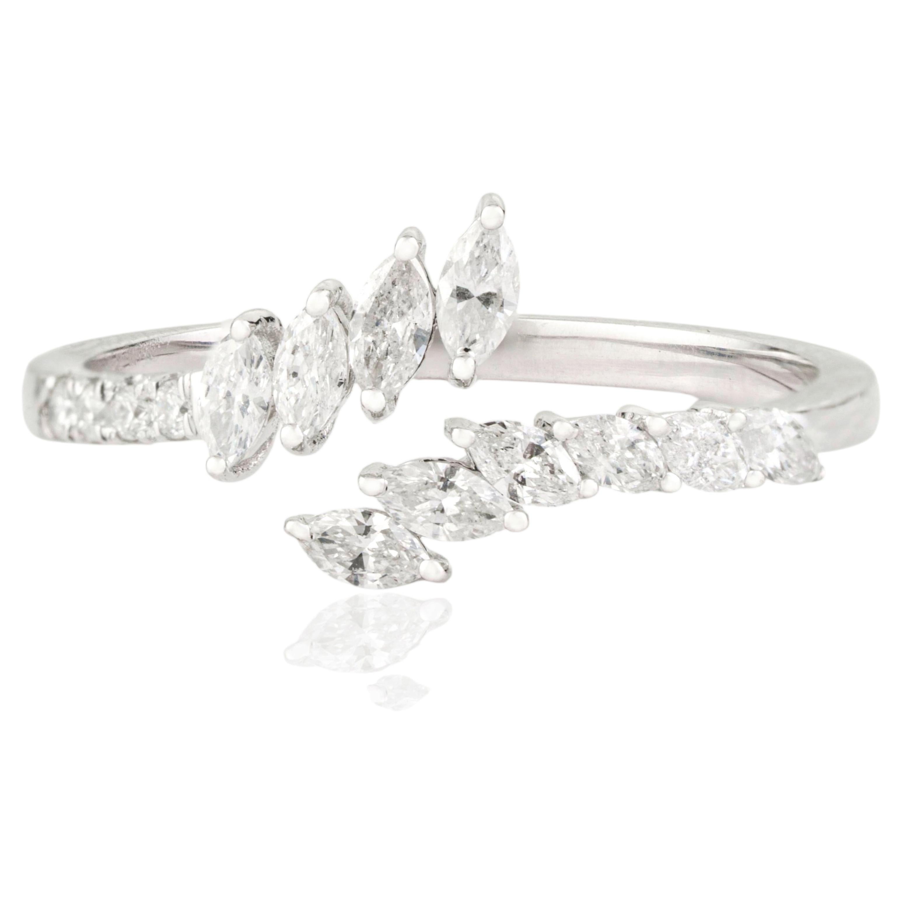 For Sale:  Modernist 14K White Gold Marquise & Round Natural Diamond Open Bypass Ring