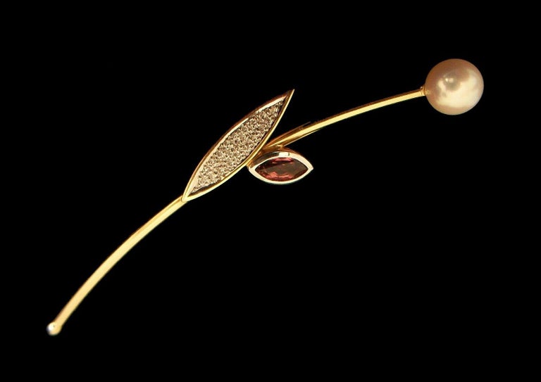 Marquise Cut Modernist Pearl & Gem Set 14K Yellow Gold Flower Pin, Signed, Mid-20th Century For Sale