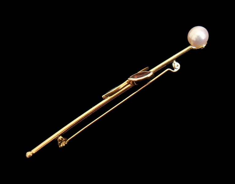 Women's Modernist Pearl & Gem Set 14K Yellow Gold Flower Pin, Signed, Mid-20th Century For Sale
